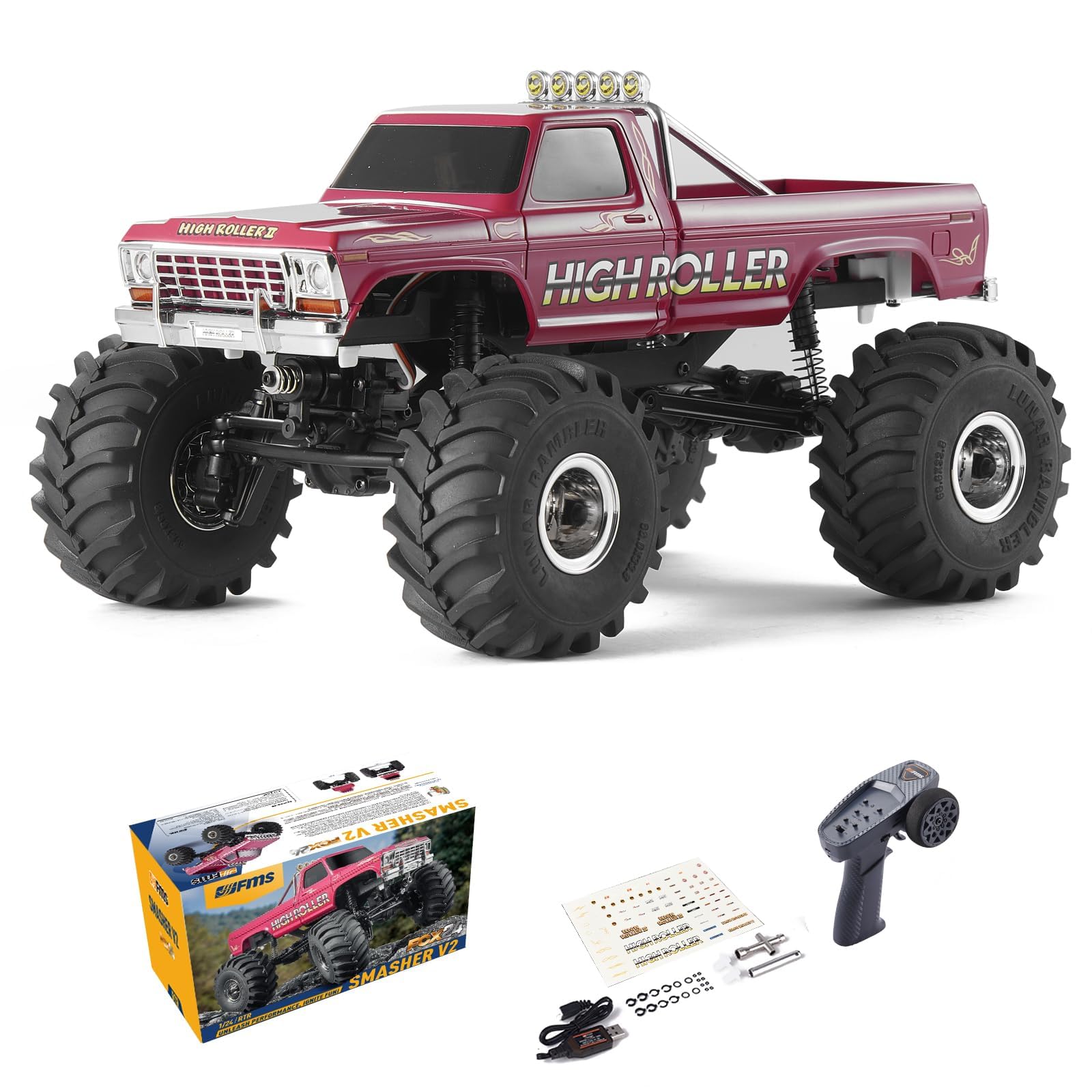 FMS FCX24 1/24 Scale Smasher Monster RC Crawler Truck - 2.4Ghz Remote Control Car with 2-Speed Transmission & USB Charger, 8km/h Speed for Adults (Red) - Perfect for Off-Road Adventures, Backyard Crawling and RC Hobby Enthusiasts