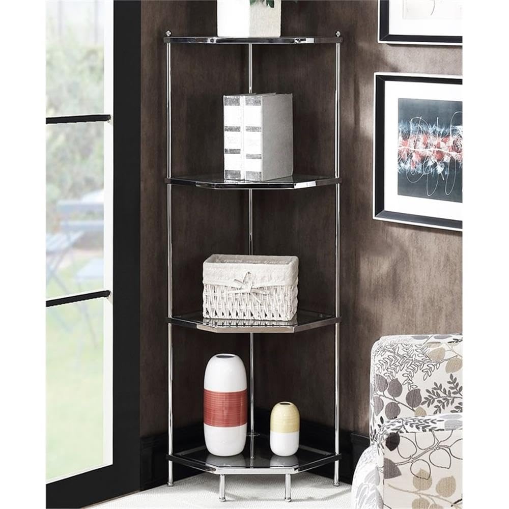 Pemberly Row 4-Tier Clear Glass & Chrome Corner Shelf - Stylish Storage for Bathroom, Kitchen, or Living Room Decor
