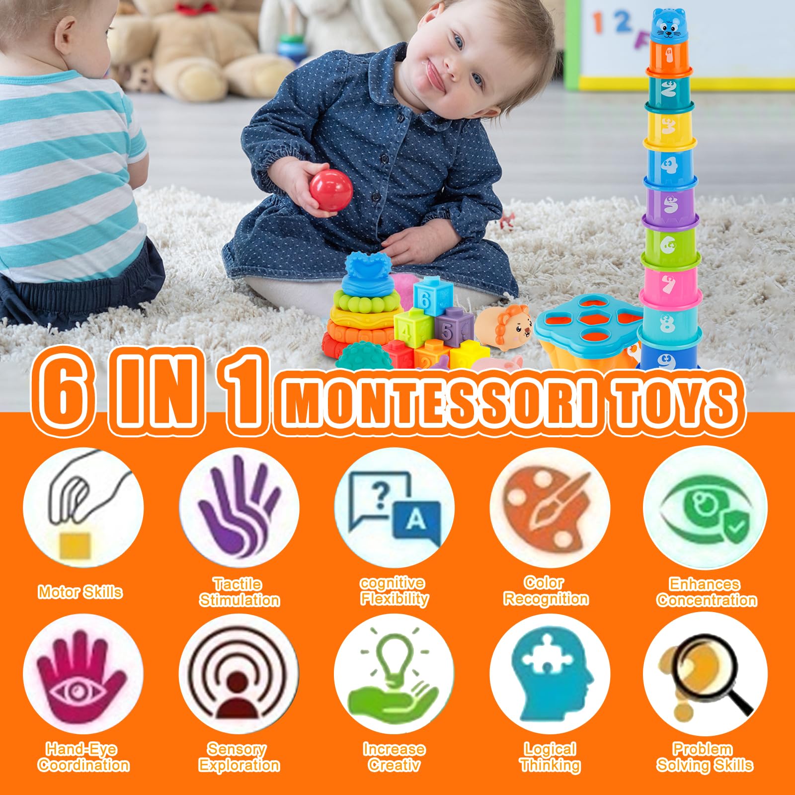 Ganowo 6-in-1 Montessori Baby Toys for 6-12 Months - Food-Grade Sensory Toys, Stacking Circles, Shape Sorter & Teether - Educational Learning Gifts for 1 Year Old Boys & Girls - Perfect for Early Development & Playtime