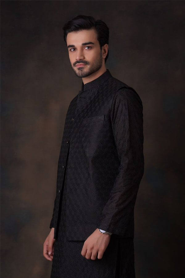 Jet Black Honeycomb Embroidered Cotton Sheer Kurta and Waistcoat Set for Women | Elegant Indian Ethnic Outfit | Perfect for Festivals, Weddings & Special Occasions
