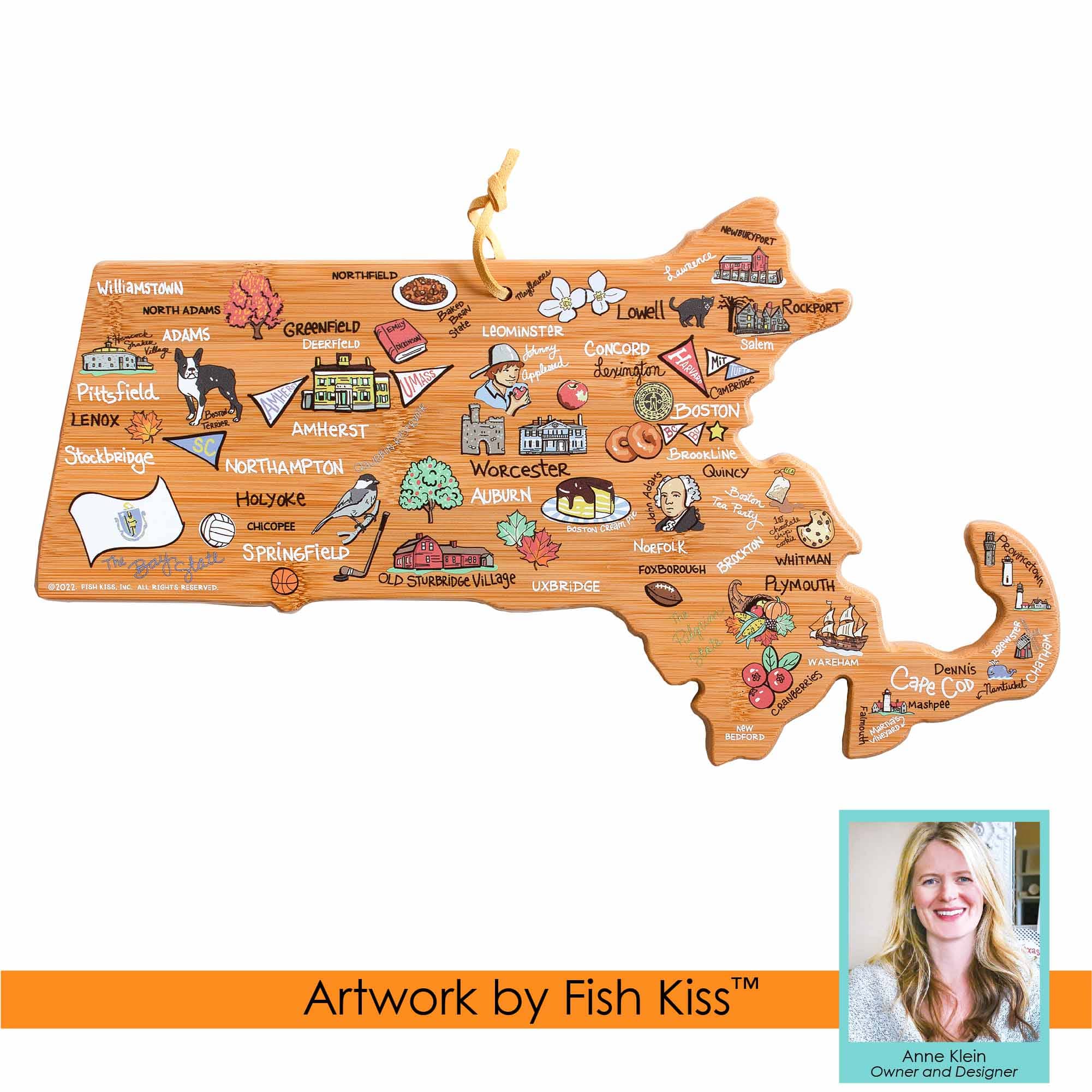 Premium Massachusetts-Themed Wooden Cutting Board with Fish Kiss™ Artwork - Perfect for Kitchen Decor, Gift Giving & Home Use