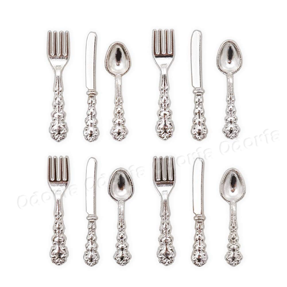 1/12 Scale Miniature Plates & Silverware Set - Knife Fork Spoon Dollhouse Accessories for 1:12 Scale Models (Silver) | Perfect for Dollhouse Dining Room, Miniature Displays & Model Train Scenes
