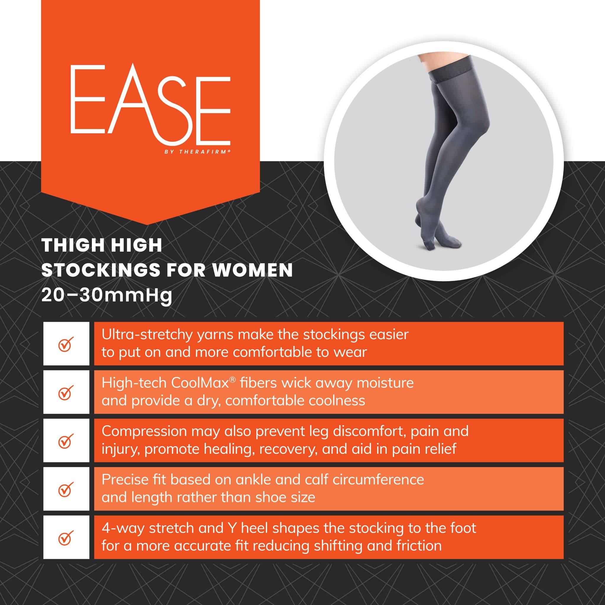Ease Opaque Women's Support Thigh High Stockings - 15-20mmHg Mild Compression Nylons for Varicose Veins & Swelling Relief - Perfect for Work, Travel & Everyday Comfort