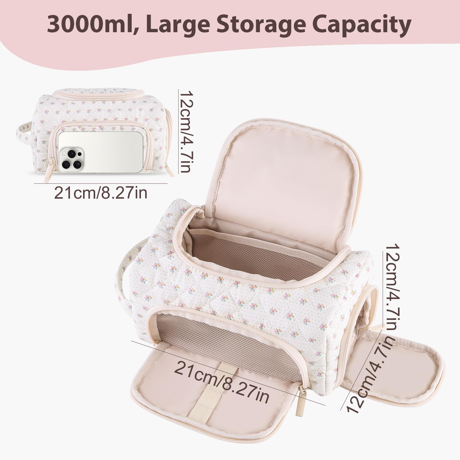 Lushandy Cute Floral Makeup Bag for Women, Large Quilted Puffer Cosmetic Organizer - Coquette Aesthetic Travel Toiletry Bag for Makeup Brushes & Essentials | Perfect for Travel, Gym & Daily Use