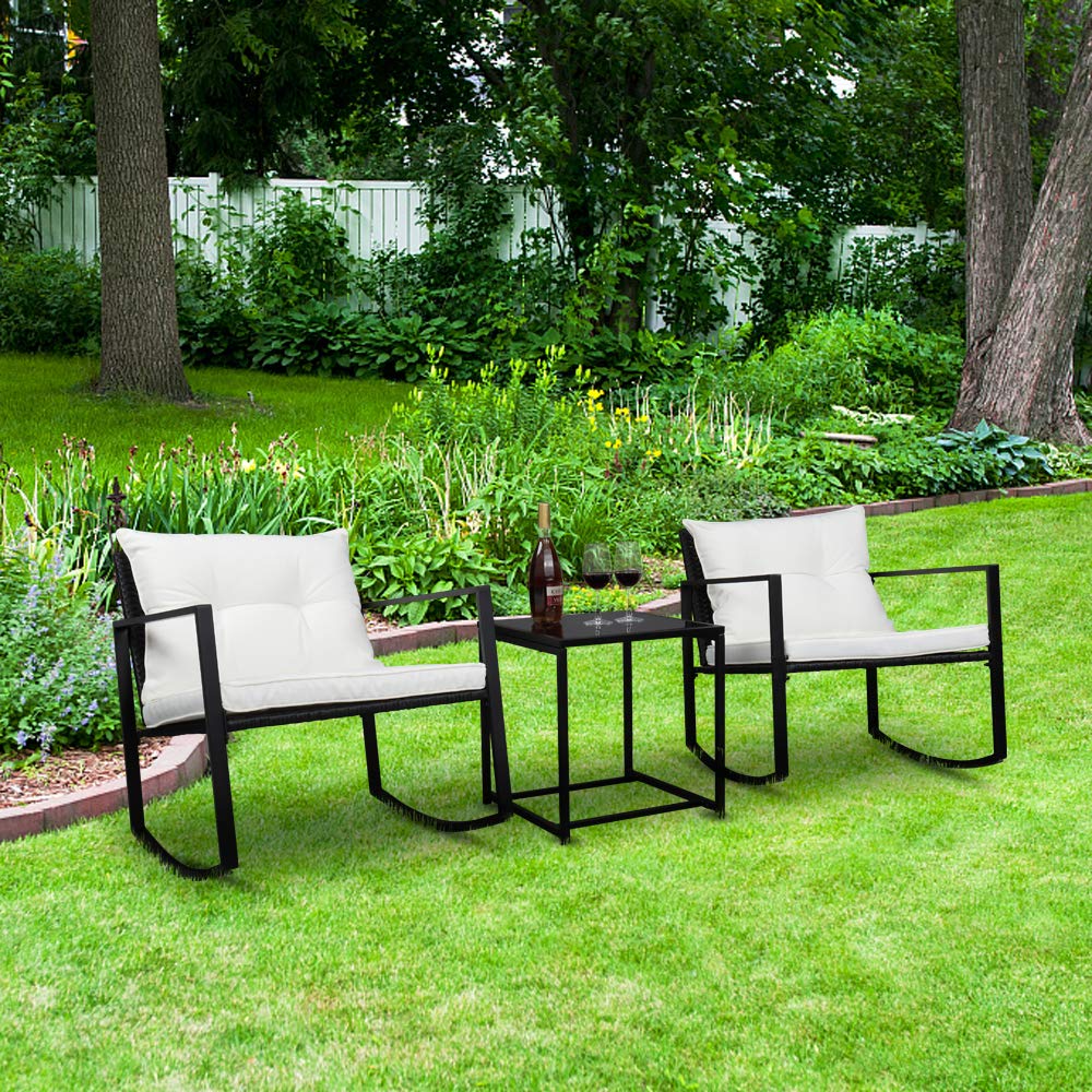 Modern 2-Piece Coffee Table & Rocking Chair Set - Black Rattan Bistro Furniture for Patio, Garden, or Living Room Conversation Area