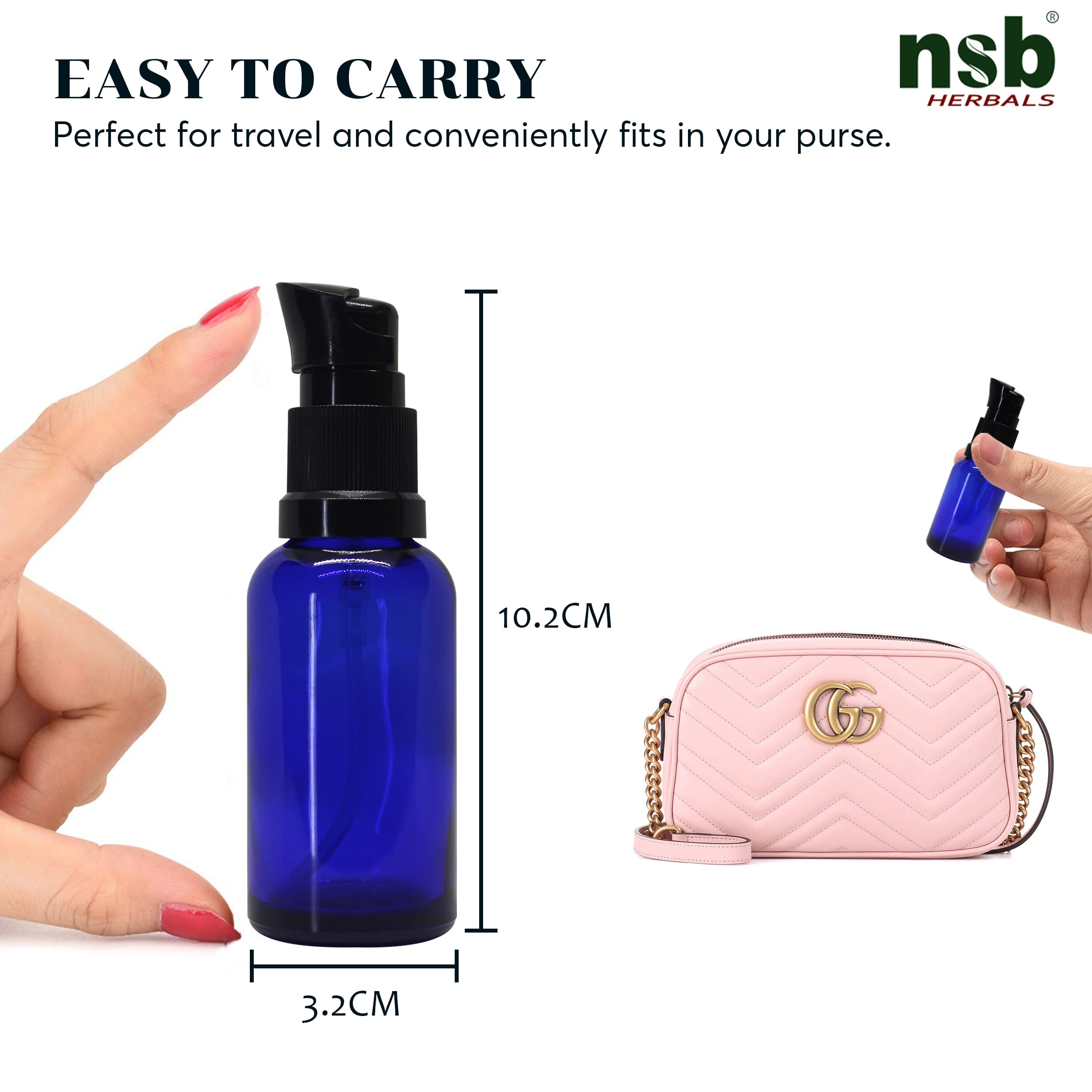 NSB Herbals 30ml Blue Round Empty Glass Bottle with Lotion Pump & Black Cap - Essential Oil Bottles, DIY Skin Care, Cosmetic Containers (Pack of 6) - Perfect for Aromatherapy, Travel Size Toiletries & Homemade Beauty Products