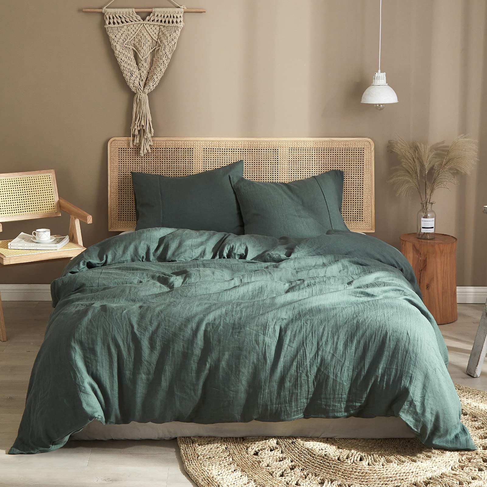 **Ivory Green Linen Duvet Cover King Size – 100% Pure Washed French Flax Linen Bedding Set (3-Piece) – Soft, Breathable & Natural – Includes 1 Duvet Cover & 2 Pillow Shams – Perfect for Eco-Friendly & Luxurious Bedroom Decor**