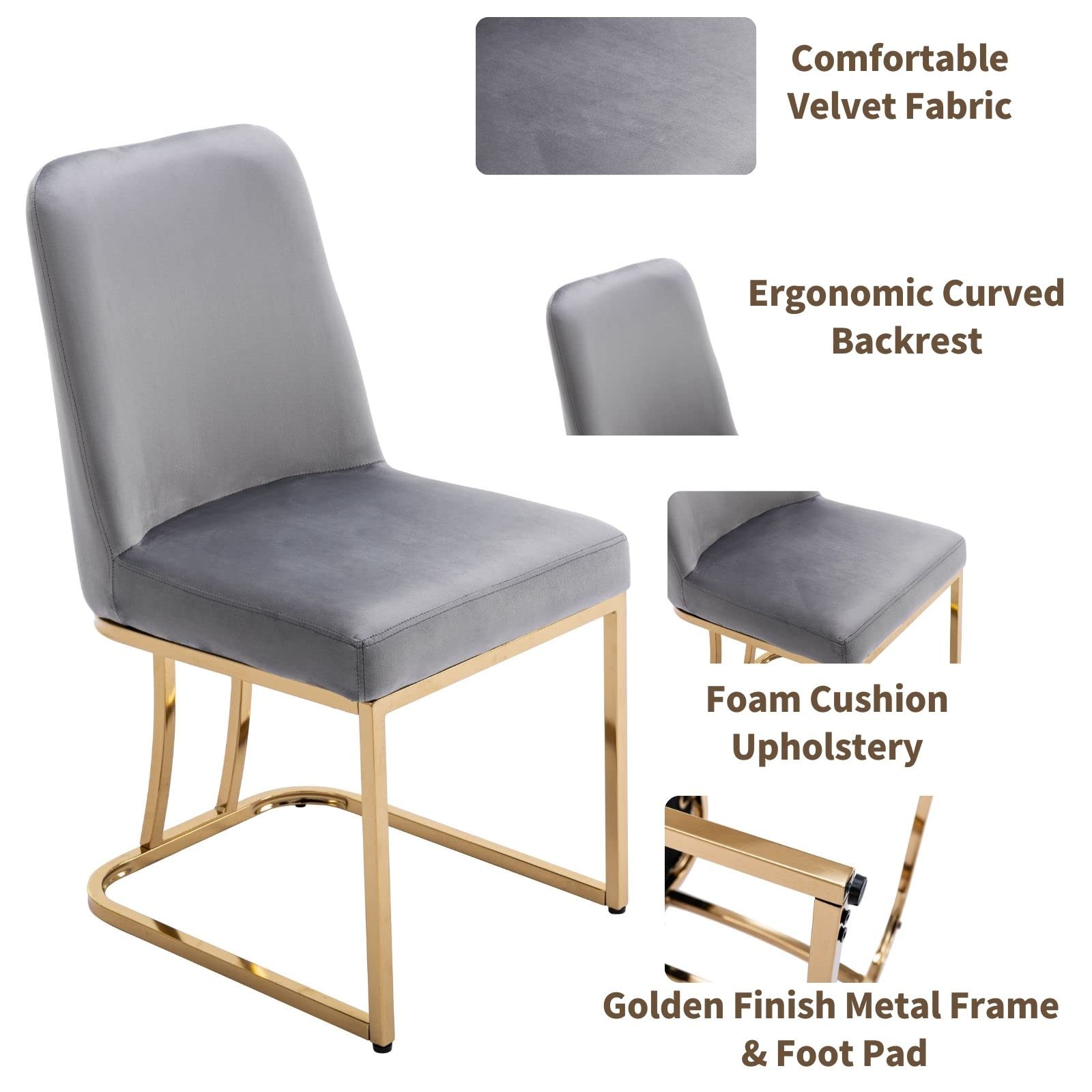 Mid Century Modern Dining Chairs Set of 2 - Velvet Upholstered Side Chairs with Gold Metal Legs, 17.7