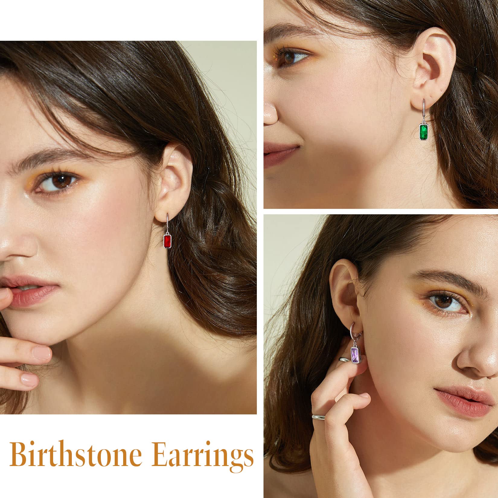 Suplight 925 Sterling Silver Emerald Cut Birthstone Hoop Dangle Earrings for Women - Cubic Zirconia Crystal Drop Earrings with Gift Box - Perfect for Birthdays, Anniversaries & Special Occasions