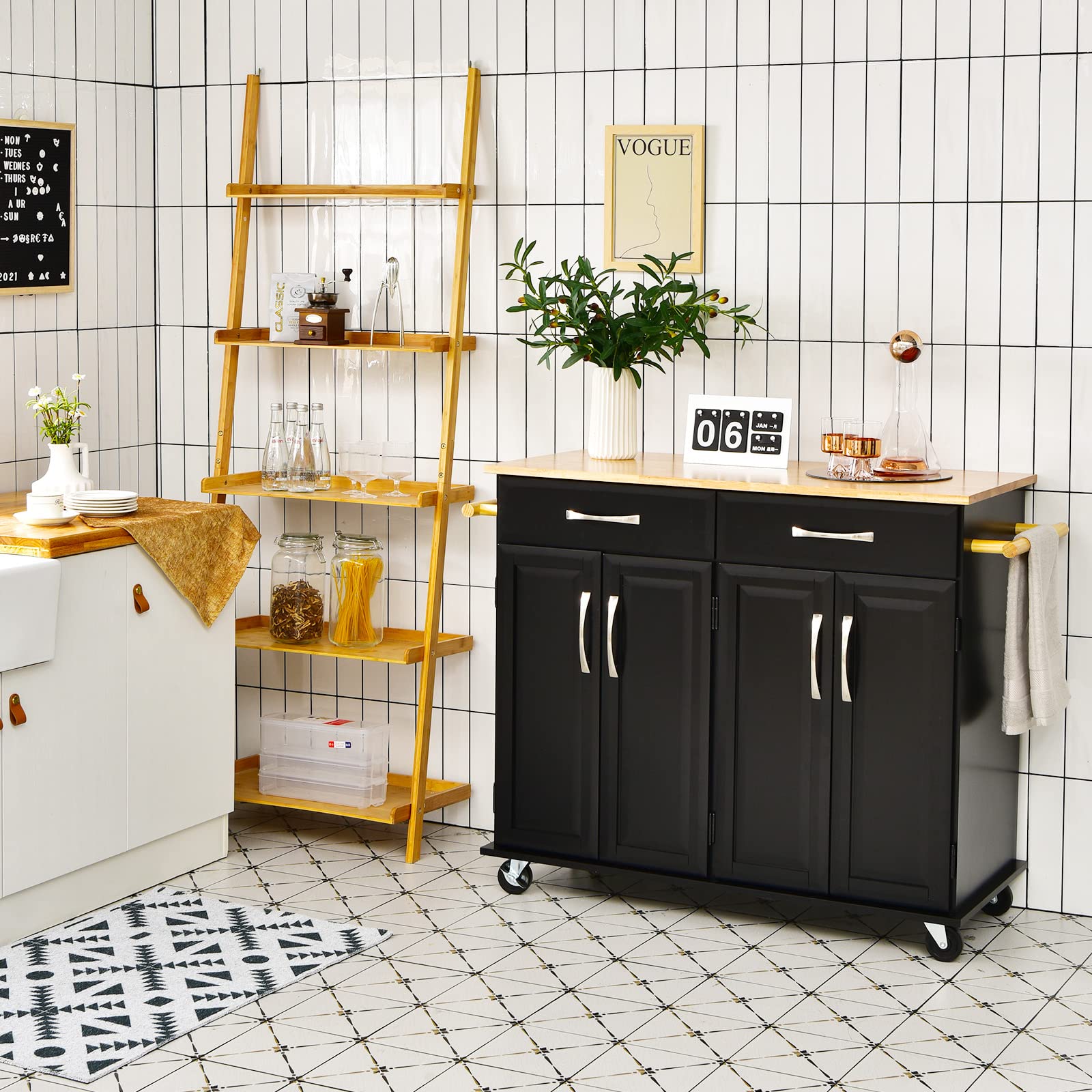 Giantex Large Kitchen Cart with 2 Drawers & Storage Cabinets - Adjustable Shelves, Lockable Casters, Rubber Wood Countertop & Towel Rack - Mobile Kitchen Island for Small Spaces - Perfect for Apartments, Dorms & Home Cooking - Easy Assembly (Black)
