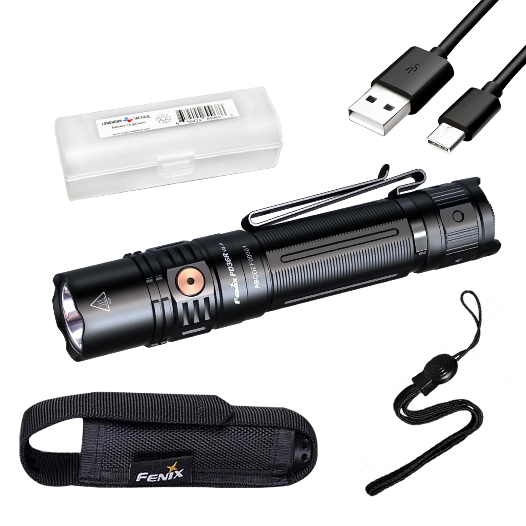 Fenix PD36R V2.0 1700 Lumen USB-C Rechargeable Tactical Flashlight with Battery | LumenTac Organizer | Outdoor Camping, Hiking, Emergency & Duty Use