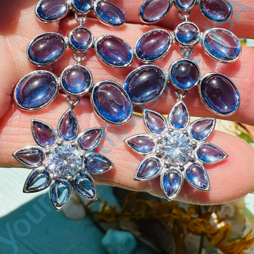 Elegant Sterling Silver CZ & Blue Glass Shoulder Duster Earrings - Pierced or Clip-On Options - Perfect for Weddings, Parties & Evening Events