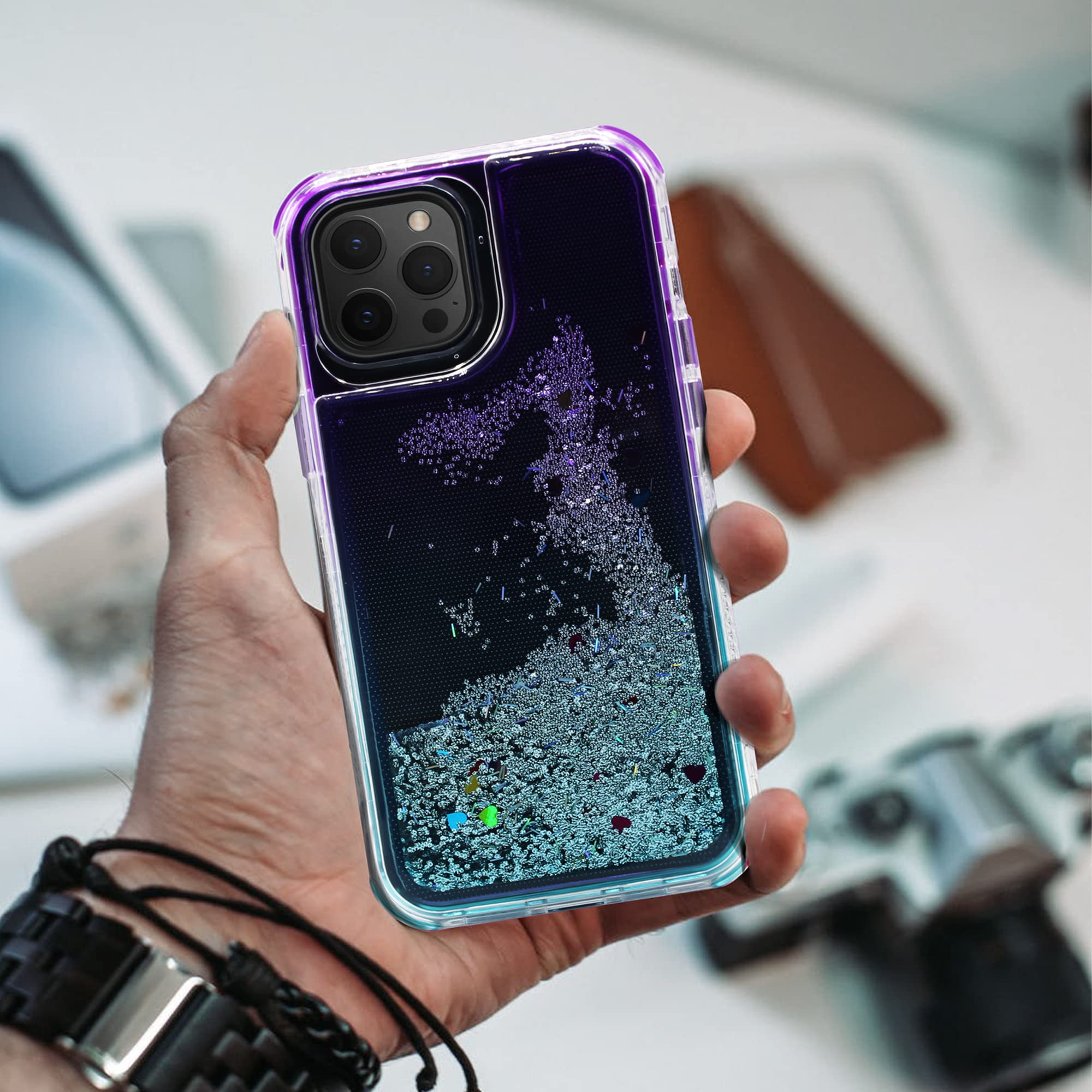 Shockproof Glitter Phone Case for iPhone 12 Pro Max - Cute 2-Tone Moving Sand Cover with Anti-Scratch Protection | Stylish Purple & Sky Blue Design | Perfect for Daily Use, Travel, and Gift Giving