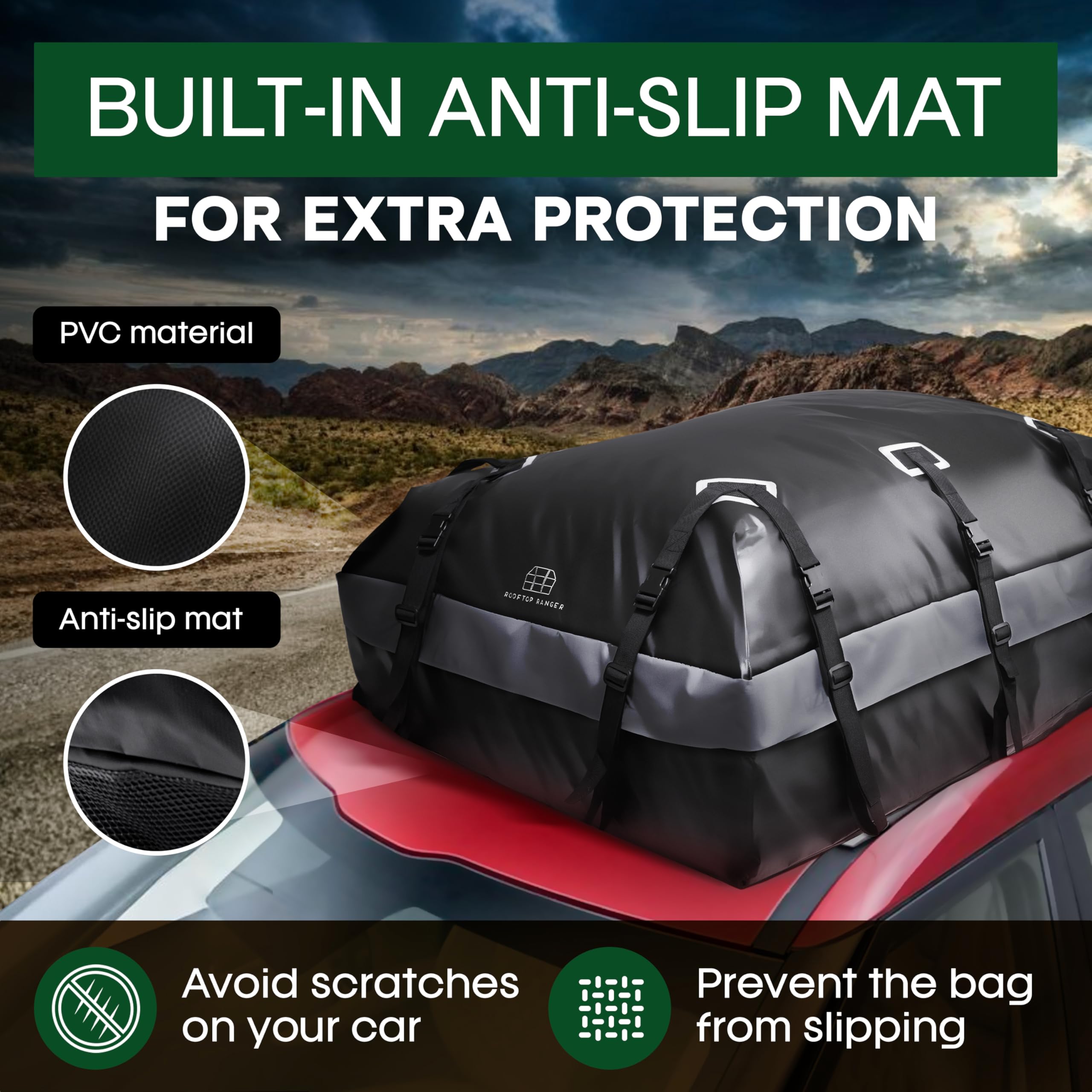 21 Cubic Feet Waterproof Car Roof Cargo Carrier Bag - Universal Fit for All Vehicles with/Without Roof Racks - Includes Anti-Slip Mat, Storage Bag, 6 Door Hooks & 6 Straps - Perfect for Road Trips, Camping Gear & Luggage Storage