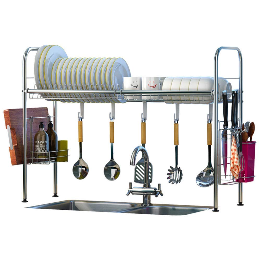 Stainless Steel Over Sink Dish Drying Rack with Utensil Holder - 27 Inch Single Tier Kitchen Storage Shelf | Space-Saving Dish Drainer for Small Kitchens & Apartments