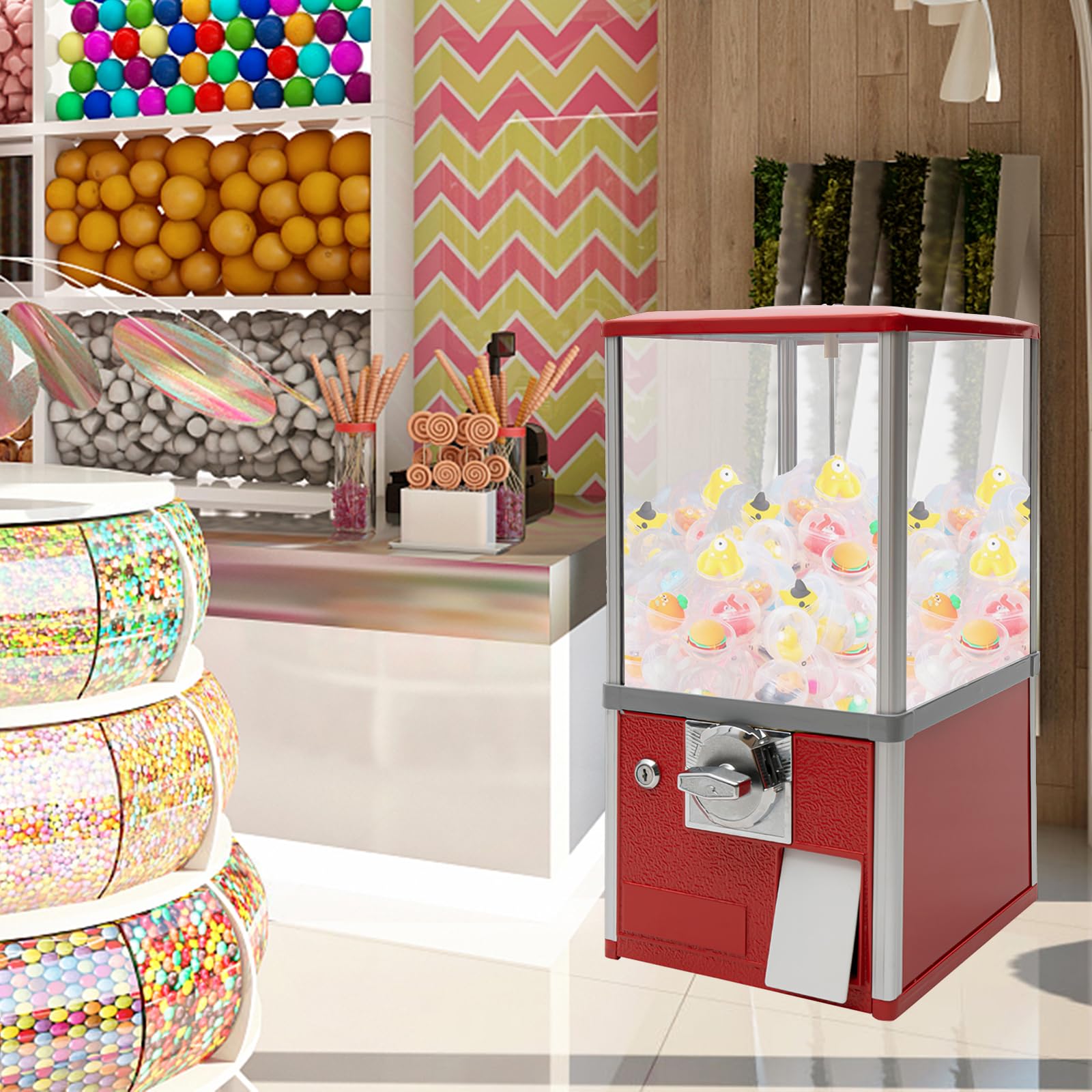 25 Cent Coin Operated Commercial Gumball Vending Machine - Toy Capsule Dispenser Prize Machine for Candy, Nuts & Feed (Red) | Perfect for Arcades, Retail Stores & Party Favors