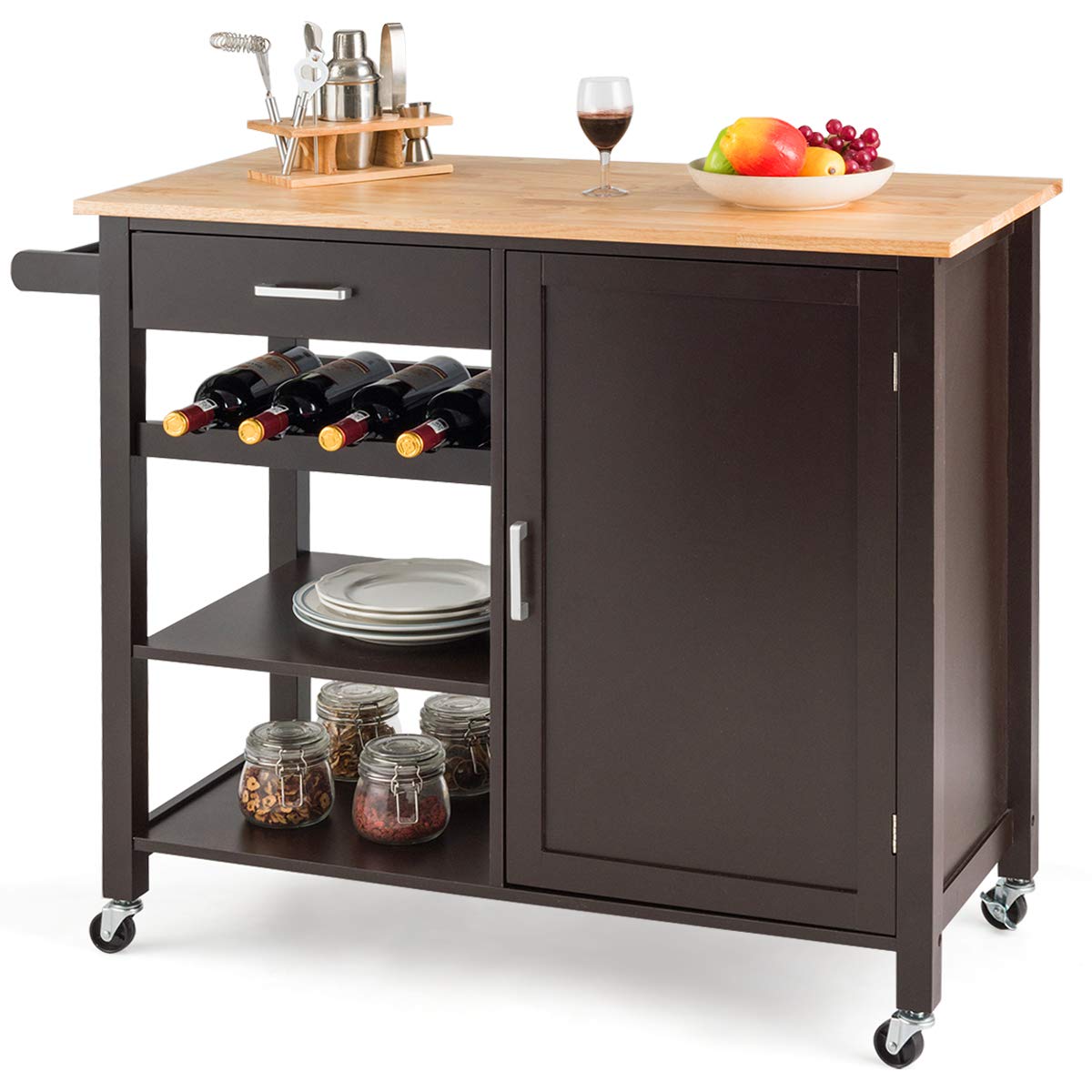 Giantex Kitchen Island Cart with Drawer & Storage Cabinet - Rolling Serving Cart with 4 Wine Bottle Rack, Towel Rack & Lockable Wheels - Wooden Trolley for Kitchen, Dining Room & Bar (Brown)