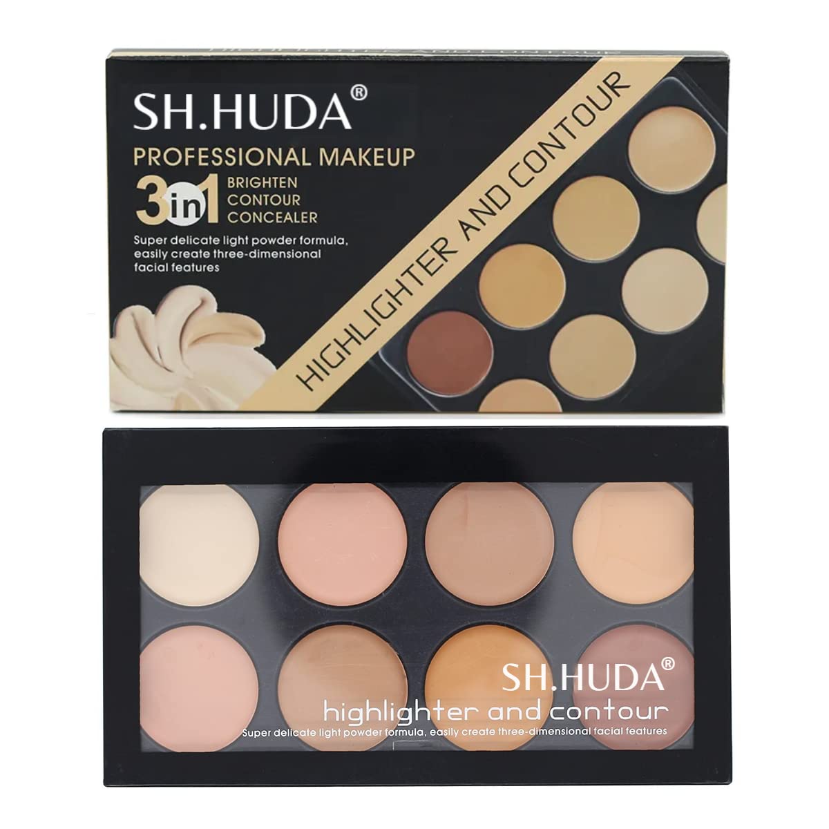 SH.HUDA Professional Multi-Purpose Beauty Highlighter, Contour & Concealer Palette - 8 Shade Face & Body Makeup Kit with Color Corrector | For Bridal, Photo Shoots & Everyday Glam Makeup Looks