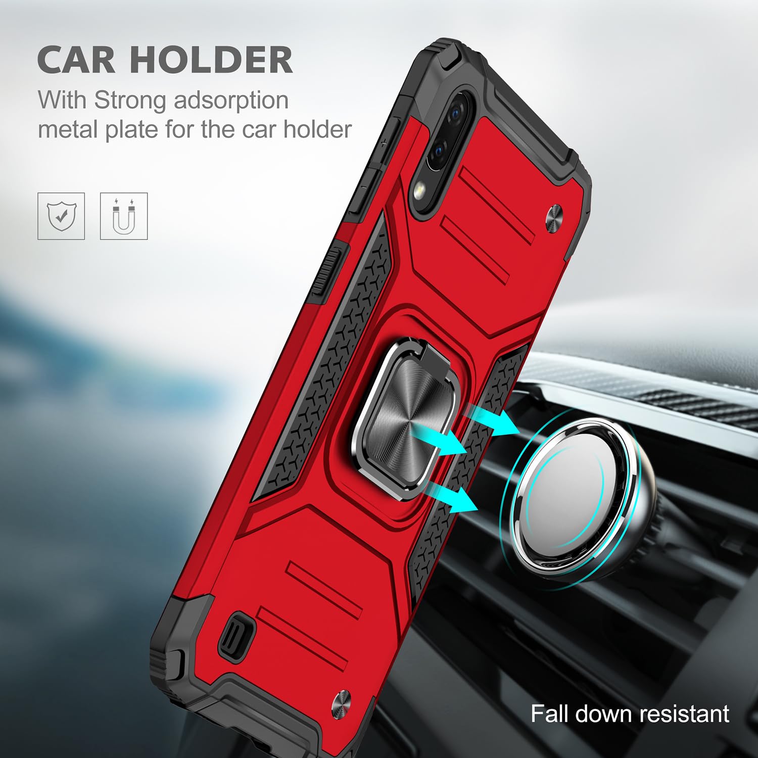 Military Grade Shockproof Case for Samsung Galaxy A10 & M10 with Built-in Kickstand - Heavy Duty Protective Cover with Holster Armor (Red) - Perfect for Outdoor Activities, Work & Travel