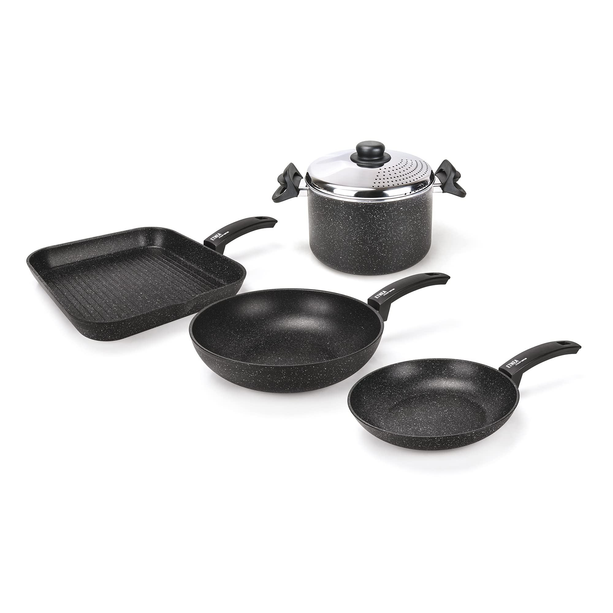 Moneta Etnea 5-Piece Smart Cookware Set - 24cm Frying Pan, 28cm Wok, 28x28cm Grill Pan, 22cm Saucepan with Lid - Nonstick Kitchen Essentials for Home Cooking, Sautéing & Stir-Frying