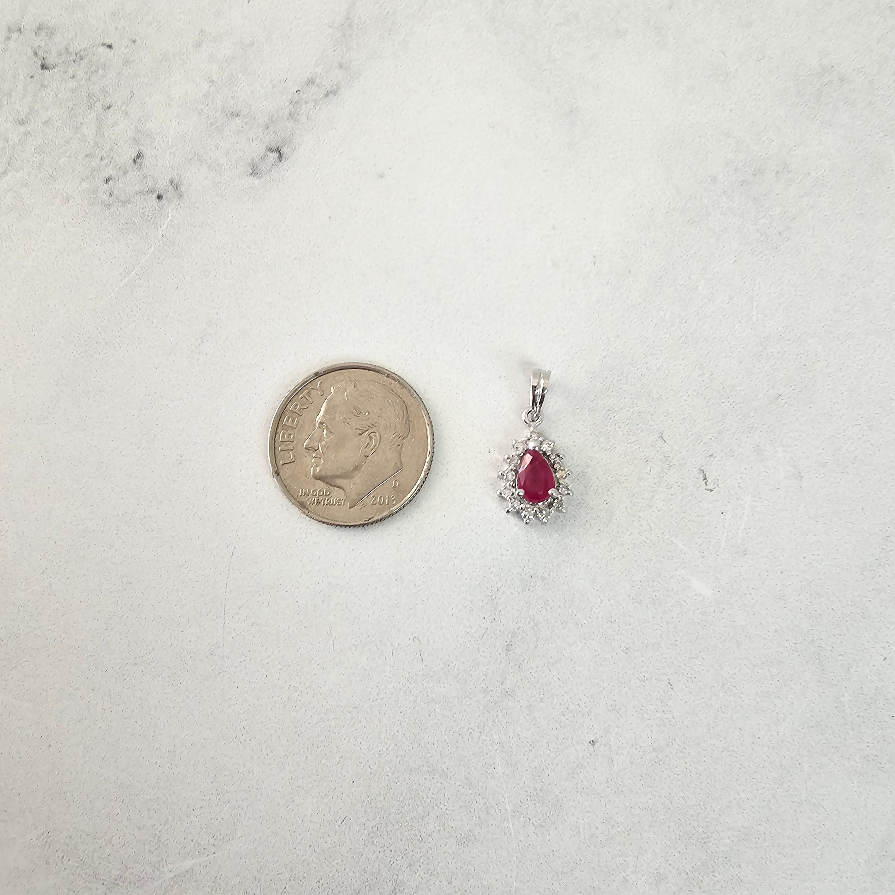 Exquisite 14k White Gold Pear Shaped Ruby and Diamond Halo Pendant Necklace | Elegant Jewelry Gift for Women | Perfect for Anniversaries, Weddings & Special Occasions