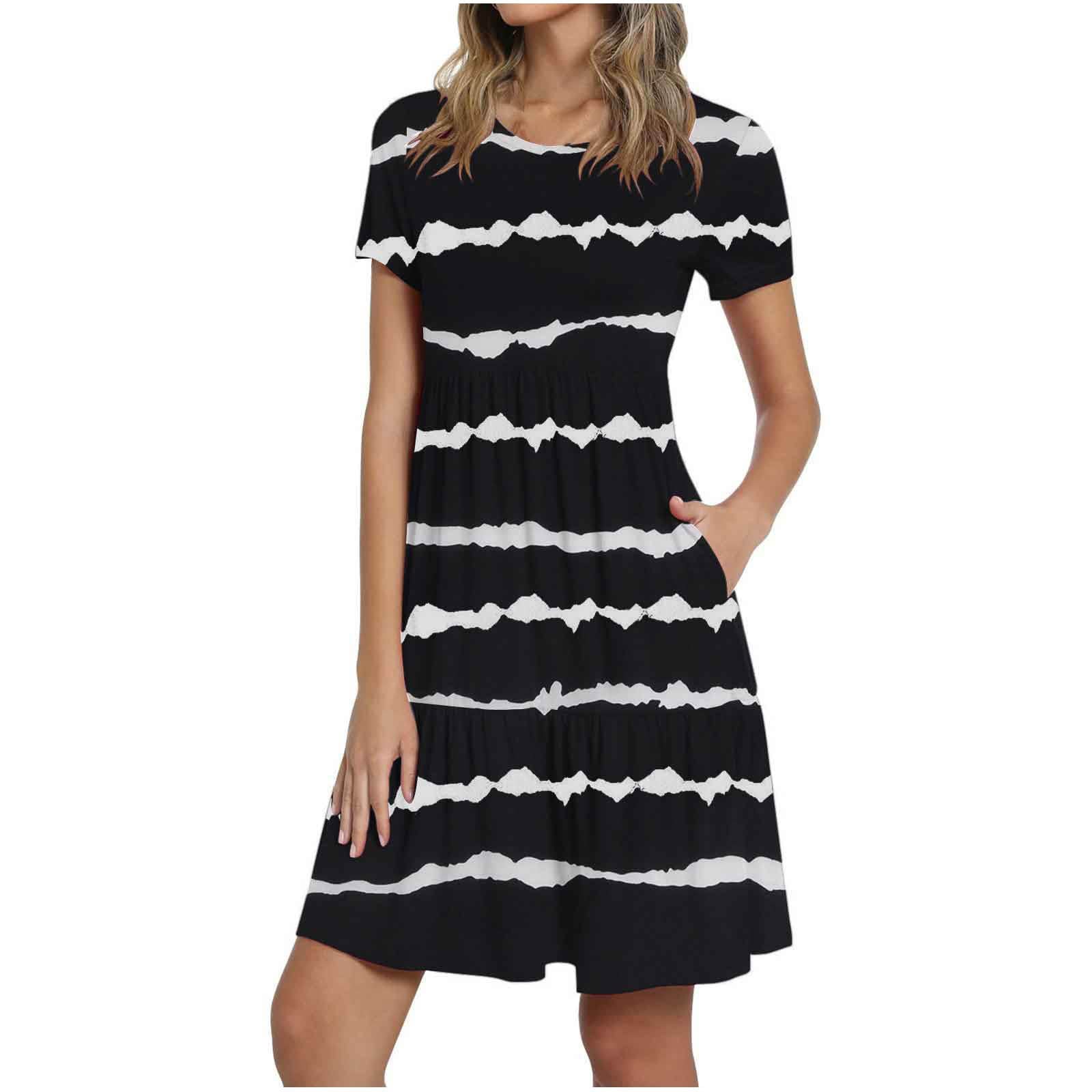 bmkBWO Summer Dresses for Women 2022 - Striped Short Sleeve Crewneck T-Shirt Dress, A-Line Knee Length Wrap Casual Dress for Beach, Vacation & Everyday Wear