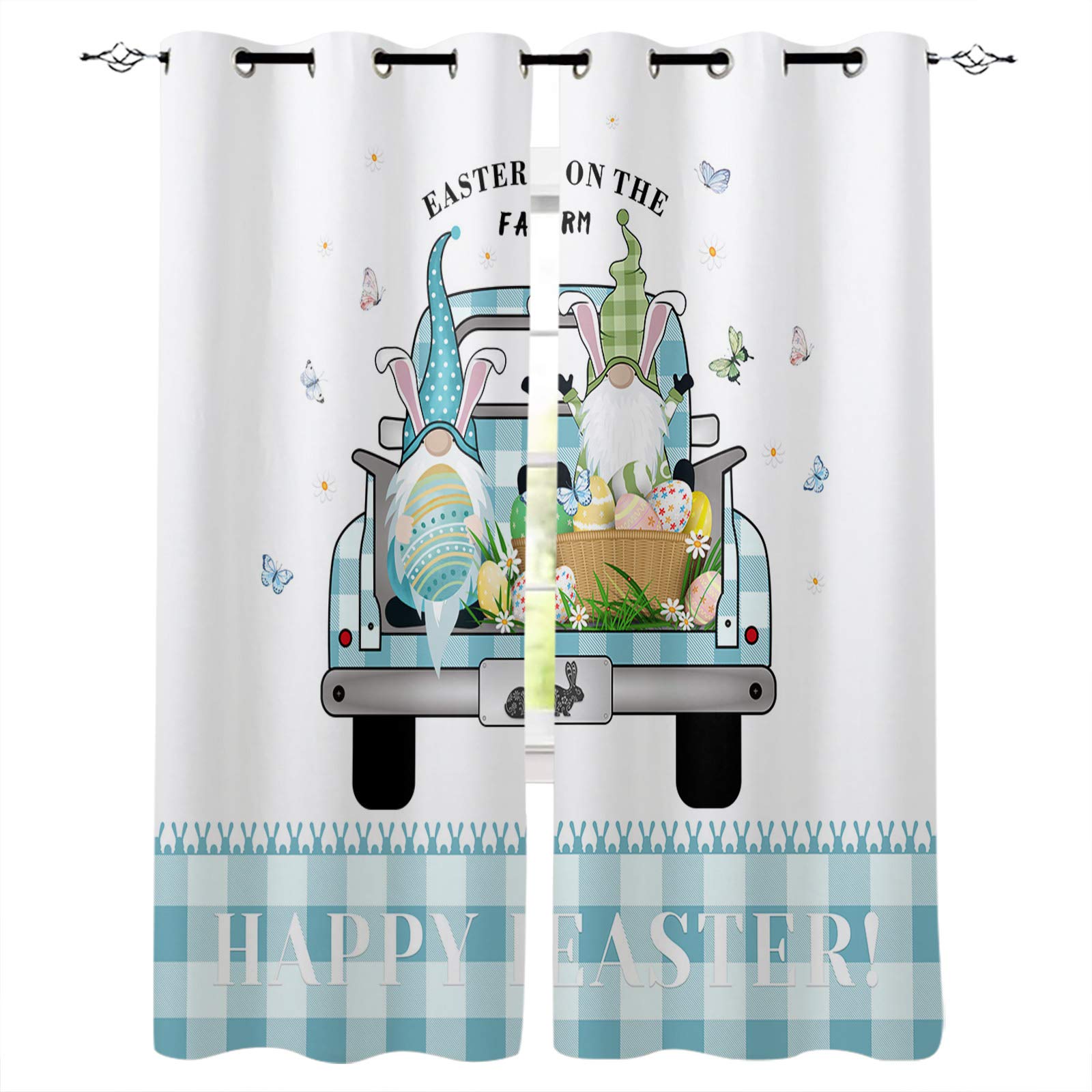Happy Easter Dwarf Eggs & Fresh Flowers Blue Plaid Truck Window Curtains - Thermal Insulated Blackout Curtains for Living Room & Bedroom (2 Panels, 52x63 Inches) - Perfect for Seasonal Home Decor, Kids' Rooms, and Farmhouse Style Windows