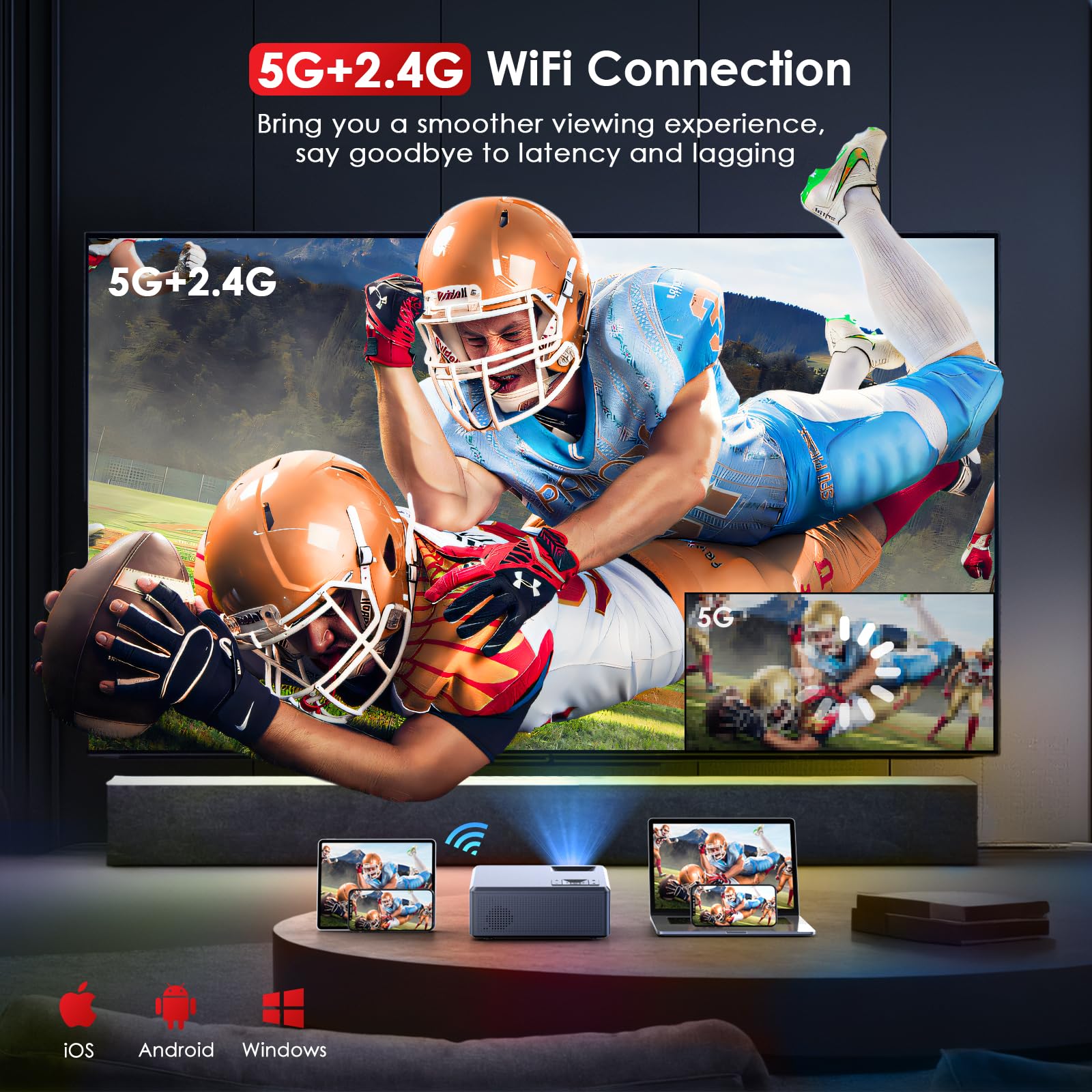 JOWLURK 4K Projector with 5G WiFi & Bluetooth - 15000L HD Outdoor Movie Projector, Portable Home Theater for iPhone, Android, TV, HDMI, USB, Laptop, DVD, PS5 - Perfect for Backyard Movie Nights & Gaming