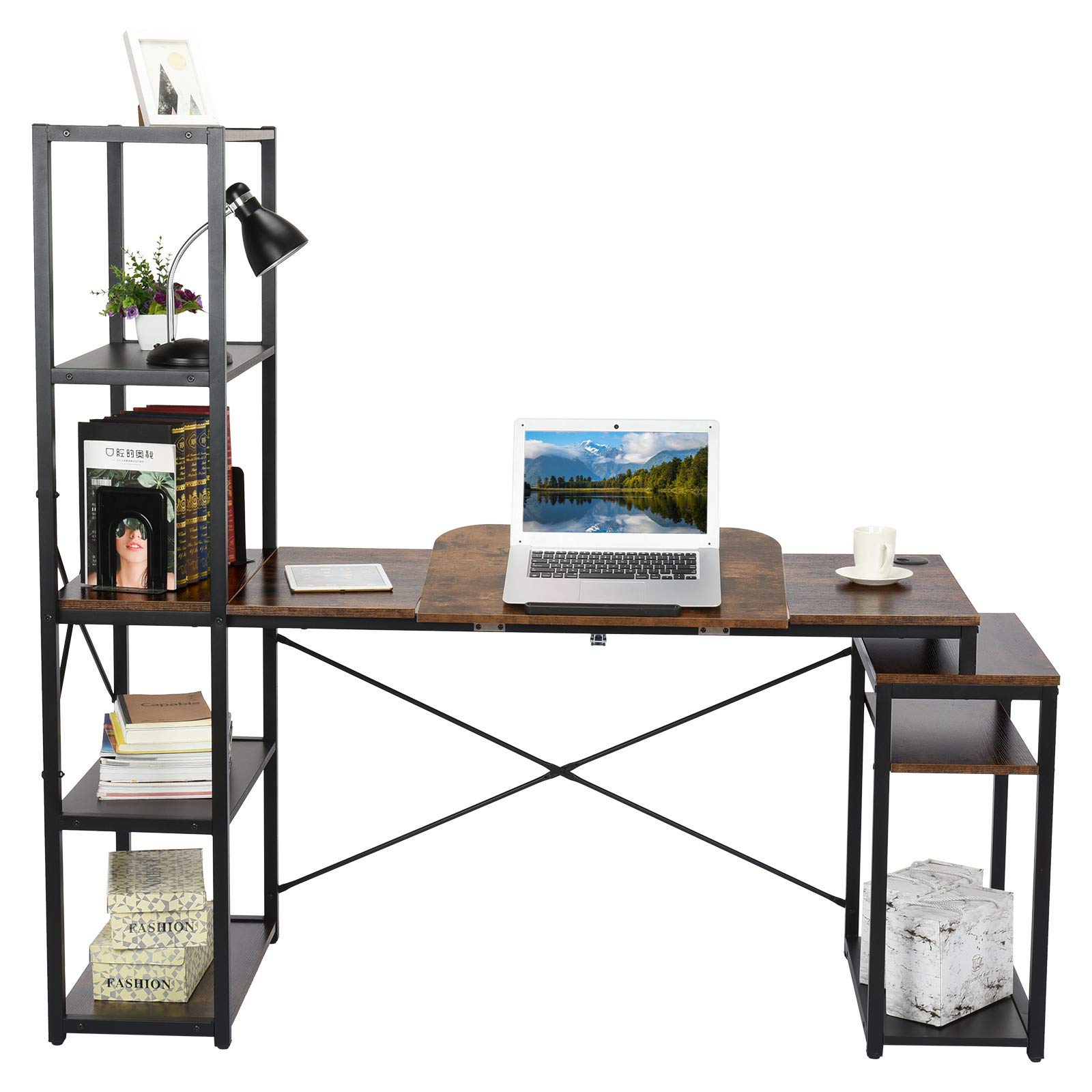 Ergonomic Home Office Computer Desk with 5-Tier Storage Shelves - Adjustable Tilt Drafting Table, Large Multifunctional Workstation for Study Room & Home Office (Brown) - Perfect for Remote Work, Online Classes & Creative Projects