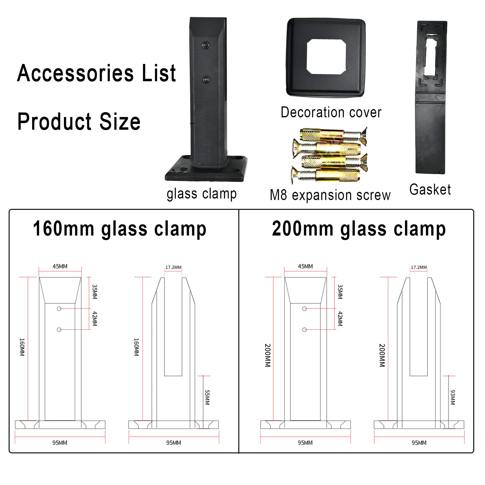 304 Stainless Steel Adjustable Glass Fence Clamps - 10 Pack (200mm) for Tempered & Laminated Glass - Balcony, Garden, Deck Handrail & Pool Fence Installation - Durable Outdoor & Indoor Use