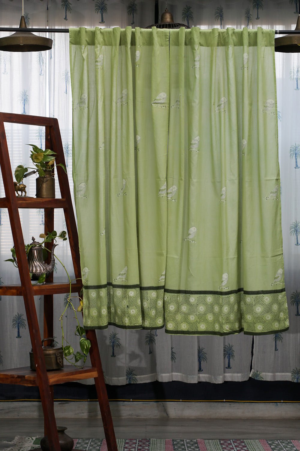 Handblock Printed Cotton Window Curtain - Pastel Green Garden Sparrow Design by SootiSyahi | Elegant Home Decor for Living Room & Bedroom