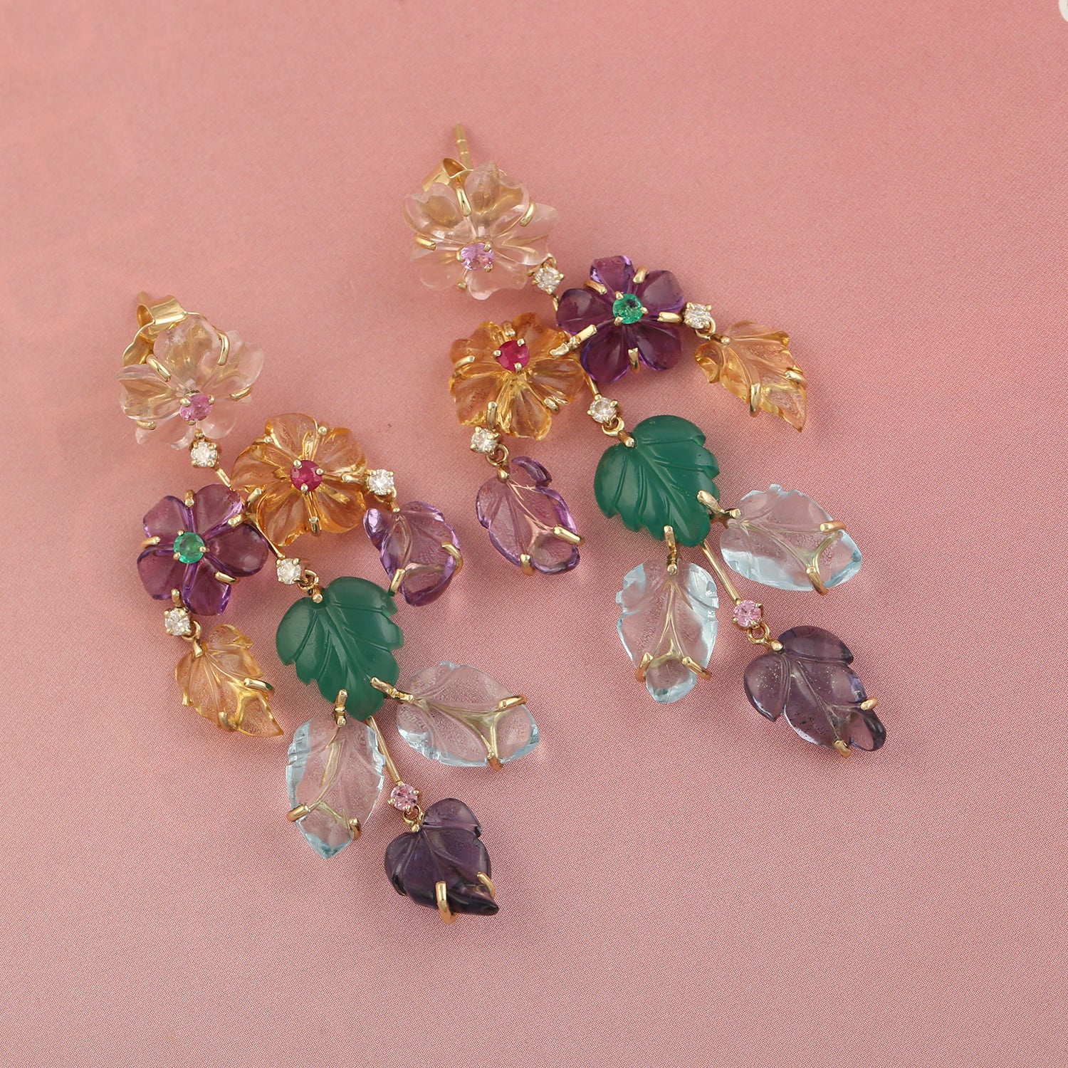 14K Yellow Gold Handcarved Leaf & Flower Multi-Gemstone Dangle Earrings – Elegant Fine Jewelry for Women, Perfect for Weddings, Parties & Special Occasions