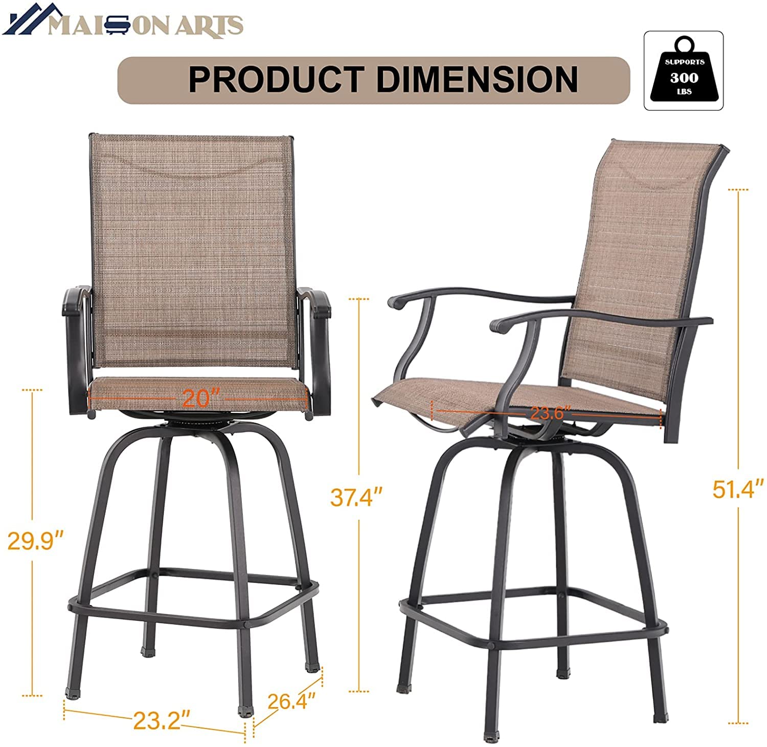 MAISON ARTS Outdoor Bar Stools Set of 6 - Swivel Patio Chairs with High Back, 300 lb Capacity Bar Height Stools for Deck, Backyard & Garden | Perfect for Outdoor Dining, Poolside Lounging & Entertaining