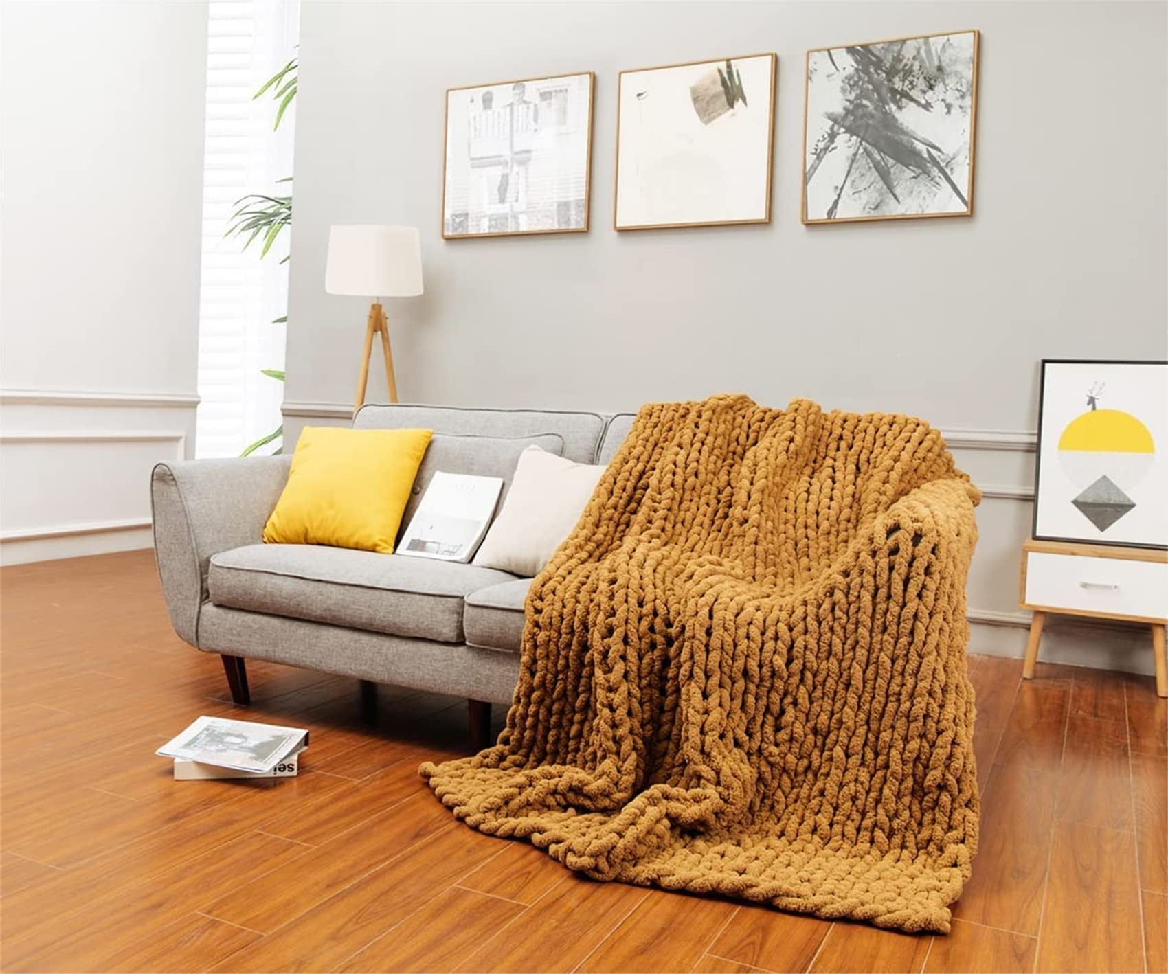 Chunky Knit Blanket - Handmade Soft Cable Knit Throw for Couch, Bed & Chair - Large 47x70 Inch Cozy Yarn Blanket - Fall Decor, Pet Mat & Baby Bed Cover - Yellow