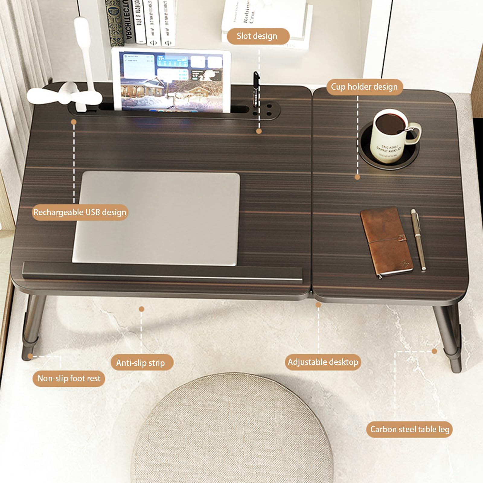 Adjustable Laptop Desk for Bed with USB Charging Port & Cup Holder - 5 Angle Portable Lap Tray Stand for Working, Reading, Writing | Perfect for Home Office, Dorm Room & Cozy Bed Workspace