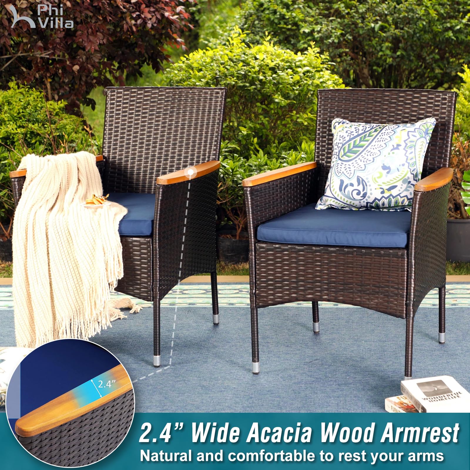 PHI VILLA 9-Piece Outdoor Patio Dining Set for 8 - Expandable Rectangular Metal Table with Rattan Cushioned Chairs - Weather-Resistant Garden Furniture for Backyard, Deck, Poolside & Outdoor Entertaining