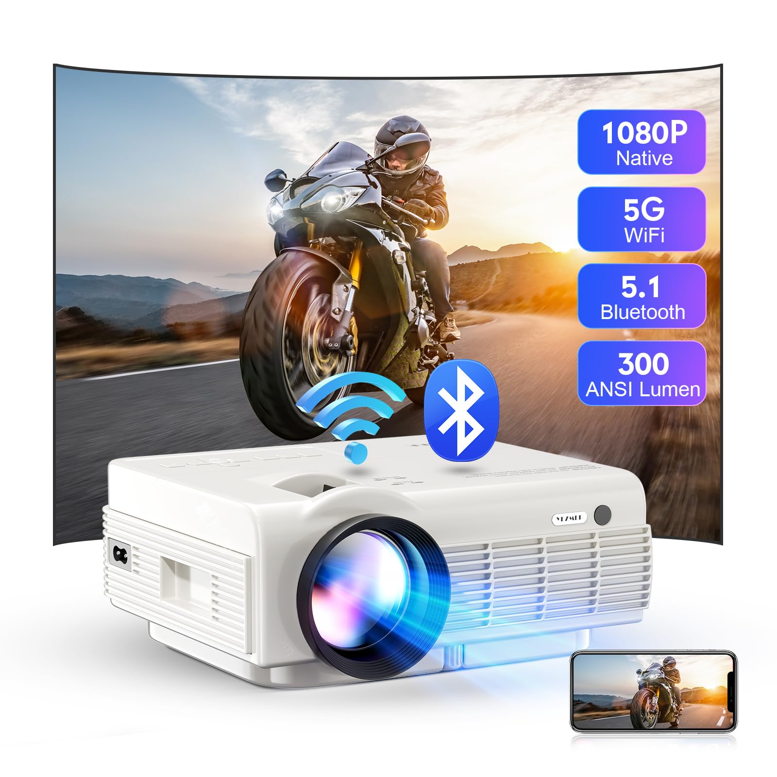 YEZMEK Native 1080P 15000 Lumen Full HD Projector - 5G WiFi & Bluetooth Mini Portable Outdoor Movie Projector, 4K Supported for TV Stick, Smartphone, Tablet & Laptop via HDMI/USB/AV - Perfect for Home Theater, Camping & Outdoor Movie Nights
