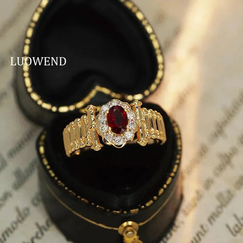 18K Yellow Gold Vintage Diamond & Natural Ruby Ring for Women - Luxury Wedding Jewelry, Anniversary Gift, Engagement Ring, Bridal Party Accessory