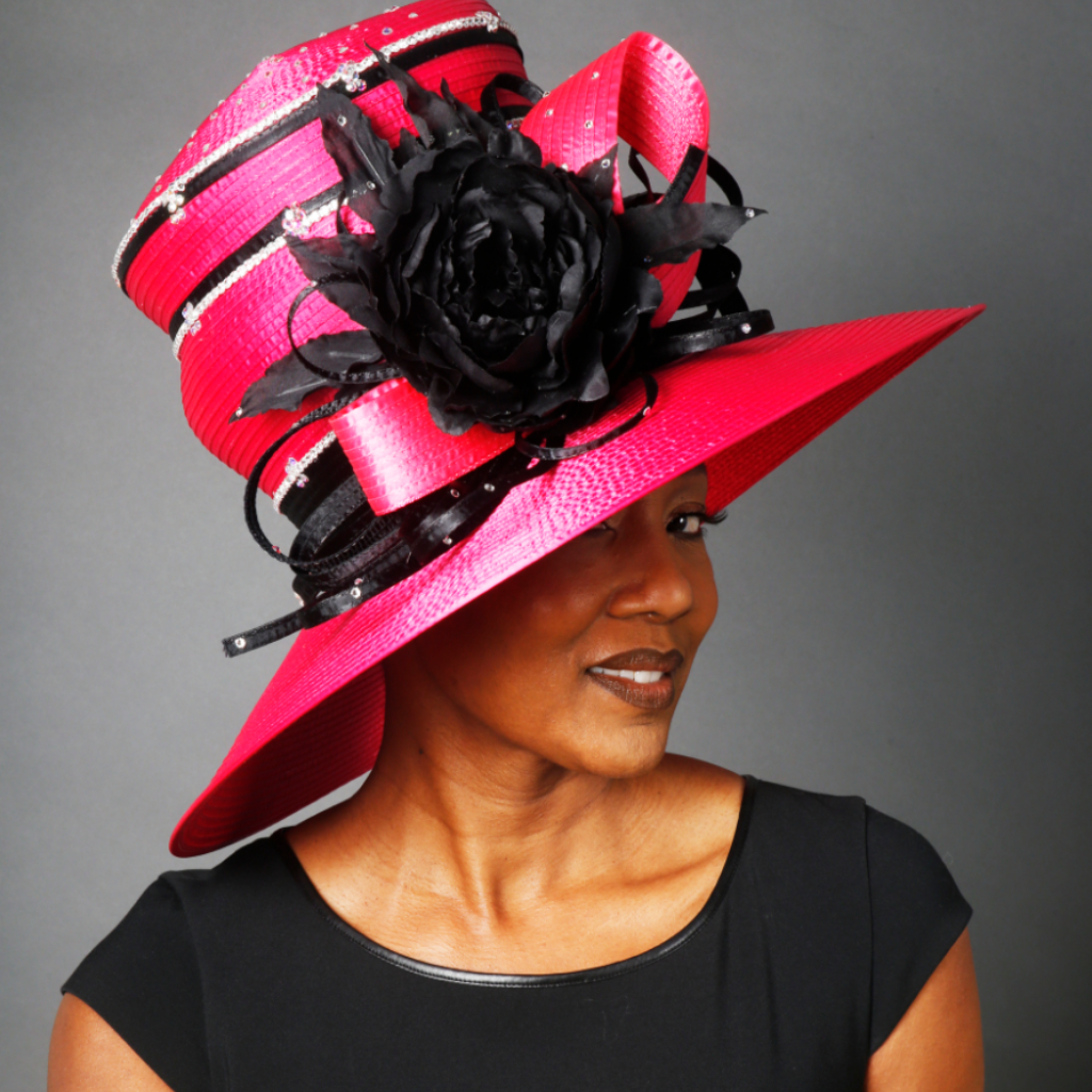 OE0024 Bright Pink & Black Satin Women's Dress Hat - Elegant Church Hat, Wedding Hat, Mother of the Bride Hat, Tea Party Hat, Derby Hat, Fashion Accessory for Women