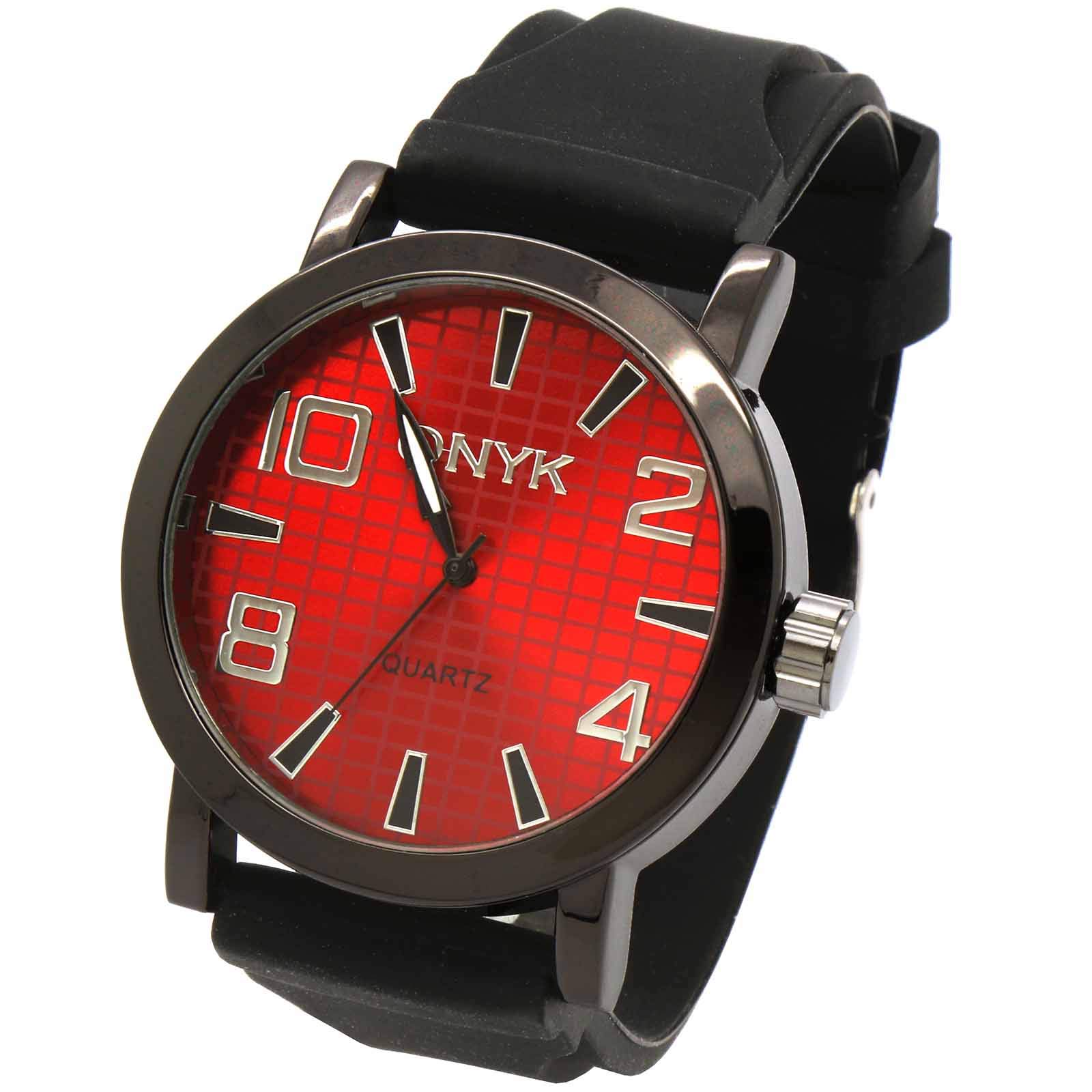 ONKY Black Case with 2/4/8/10 Red Face Black Silicone Band Quartz Wrist Watch - Stylish Unisex Watch for Men & Women - Perfect for Sports, Work, and Everyday Wear