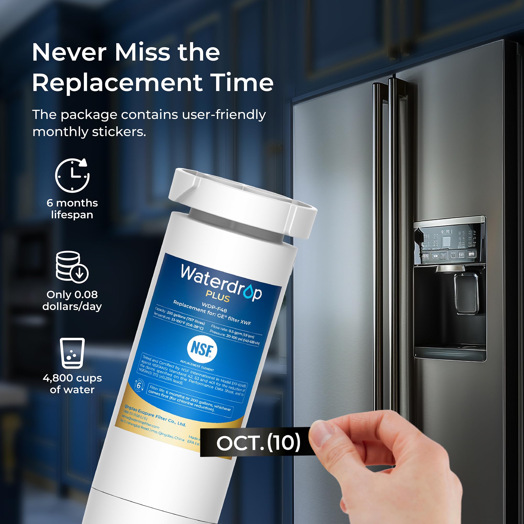 GE XWF Refrigerator Water Filter Replacement (WR17X30702) - 3 Pack, NSF 401, 53 & 42 Certified - Compatible with GDE25, GFE26, GNE25, GNE27, GYE18 Models - Waterdrop Plus XWF Filter for Clean Drinking Water & Ice Making