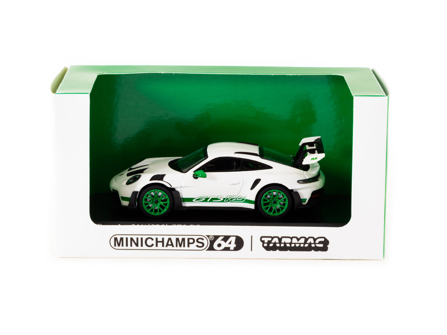 Minichamps X Tarmac Works 1/64 Scale Porsche 911 (992) GT3 RS Diecast Model Car - White & Green Limited Edition COLLAB64 - Perfect for Collectors, Display & Racing Scenes