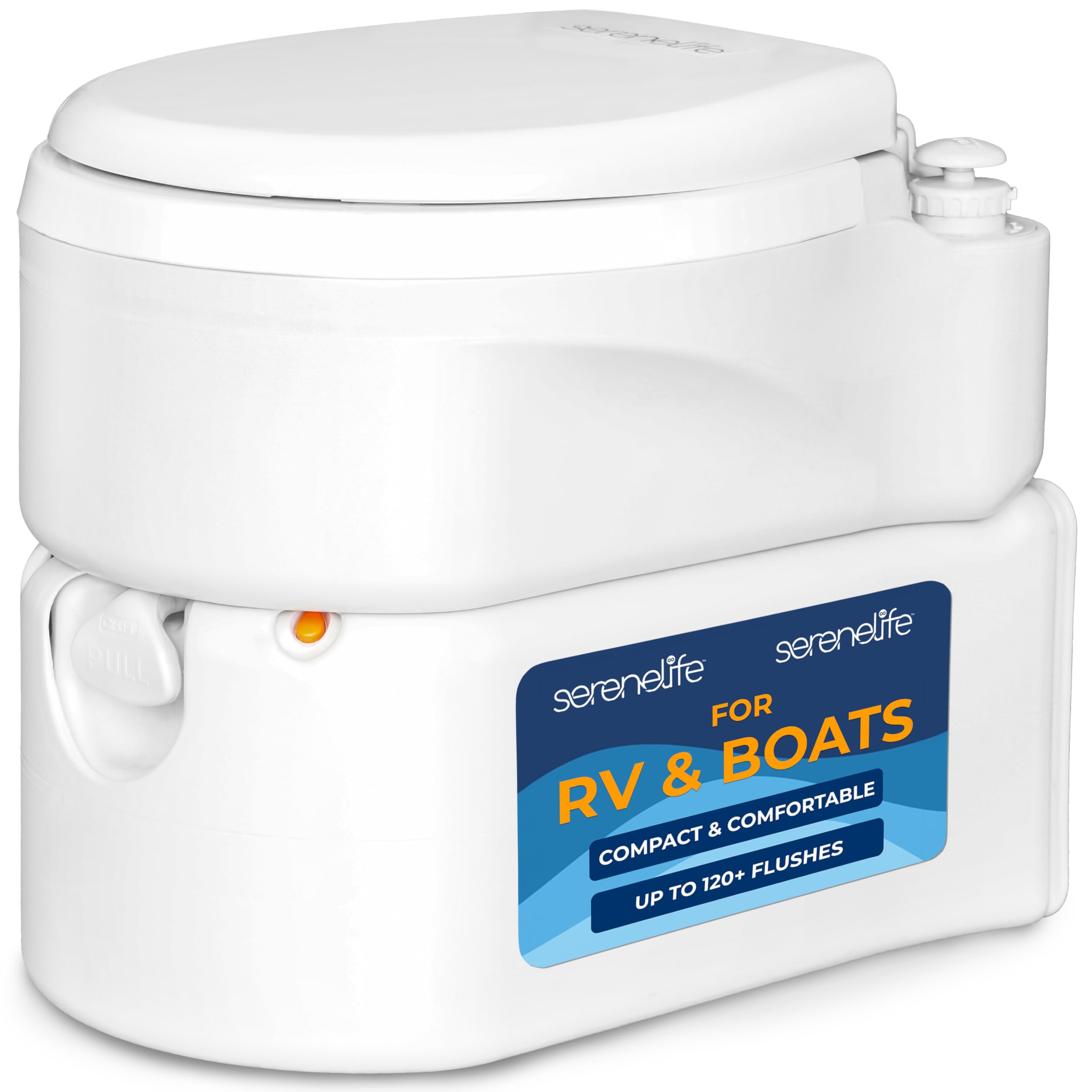 SereneLife Outdoor Portable RV Toilet - Compact Travel Toilet for Camping & Road Trips, Home-Like Comfort with Ergonomic Seat, XL 4.5 Gallon Waste Tank, Air Release Vent & Button Flush System, Durable & Easy-to-Clean - Perfect for RV, Van Life, Boating & Emergency Use