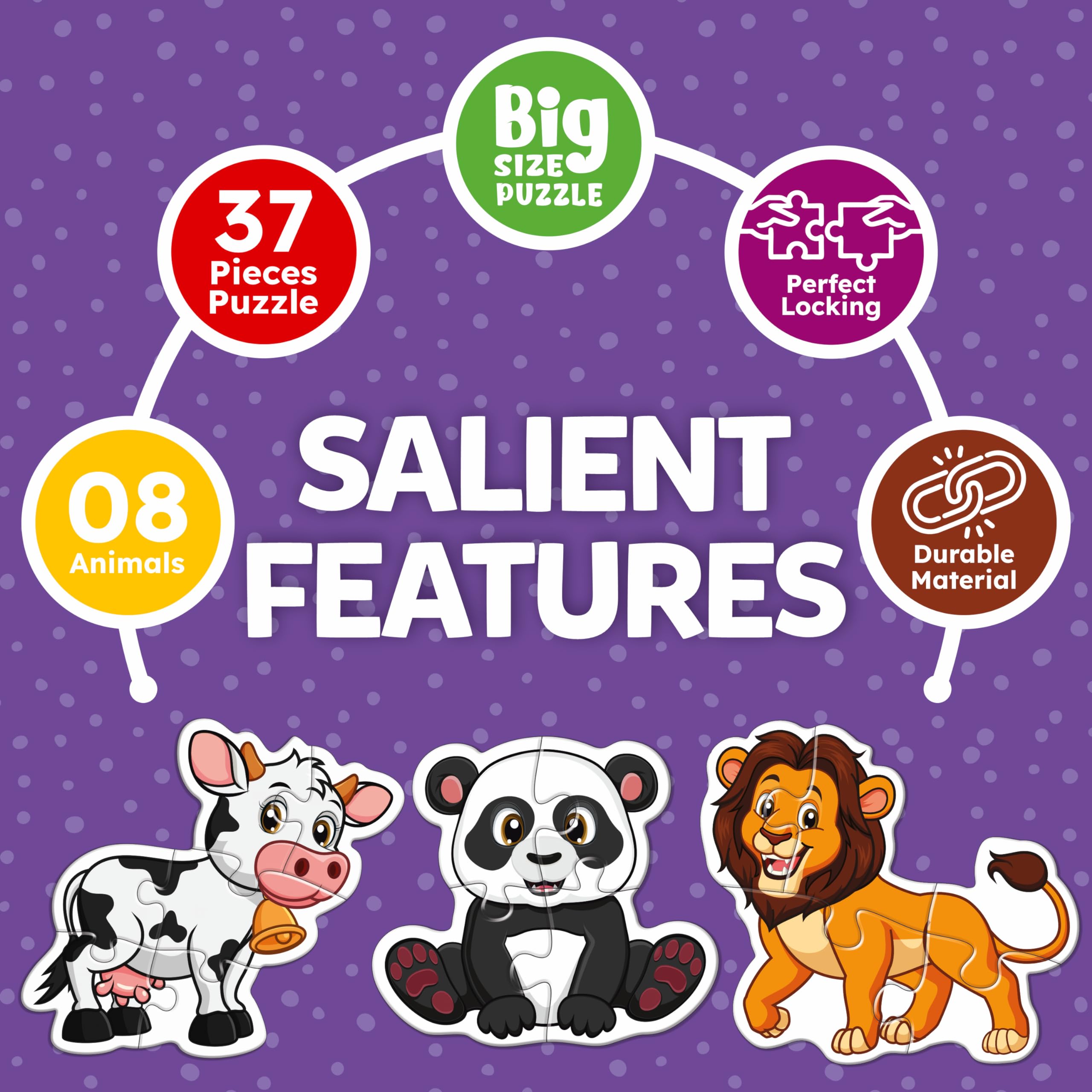 Aryans Eduworld | 8 Animal Puzzles for Kids Ages 4+ | 37 Piece Large Size Educational Puzzle Set with Monkey, Rabbit, Cow, Panda | Learning Toys for Boys & Girls | Perfect for Preschool Learning & Birthday Gifts