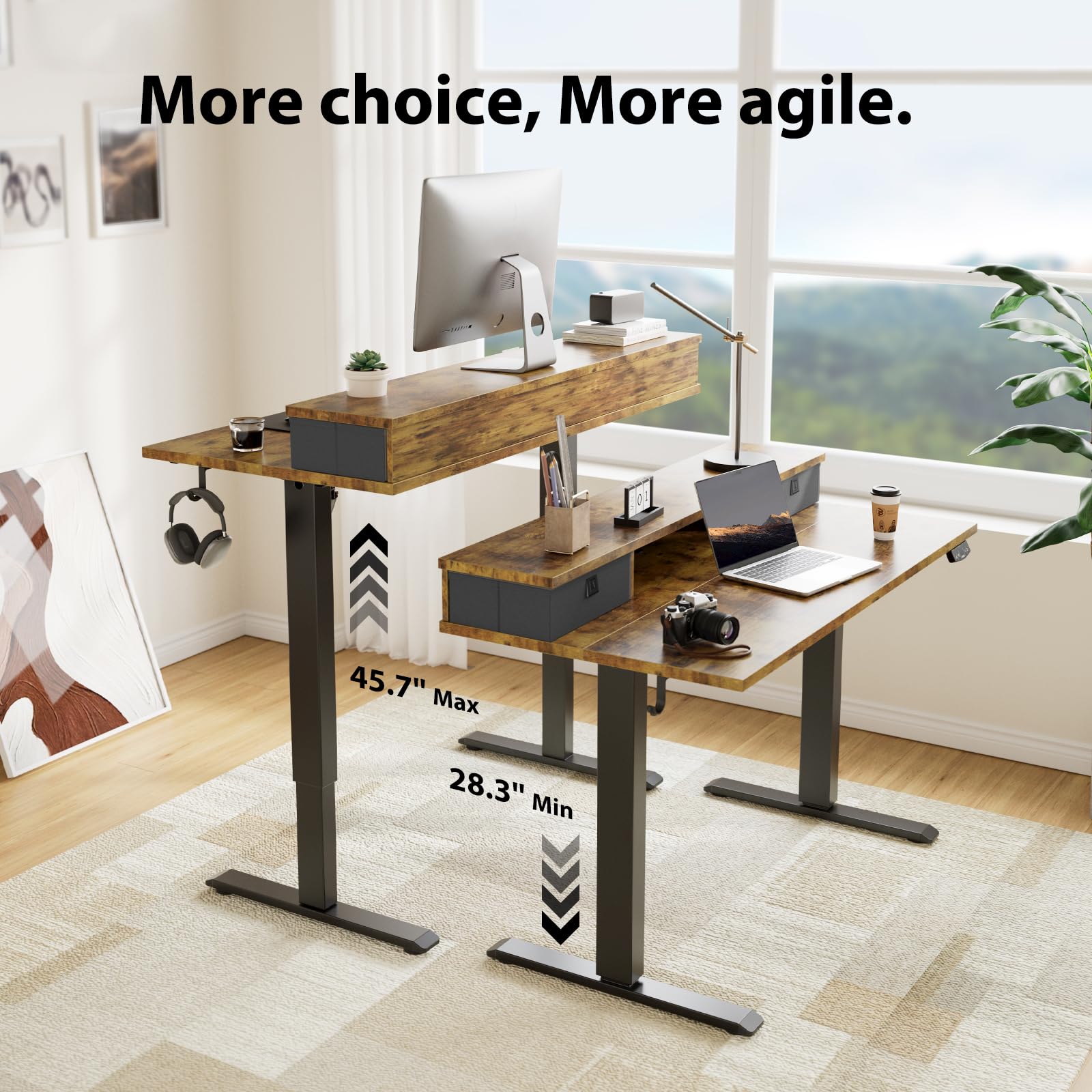 Agilestic 63 x 24 Inches Electric Standing Desk - Height Adjustable with 2 Drawers & Splice Board, Rustic Brown - Perfect for Home Office, Gaming Setup and Workspace Ergonomics