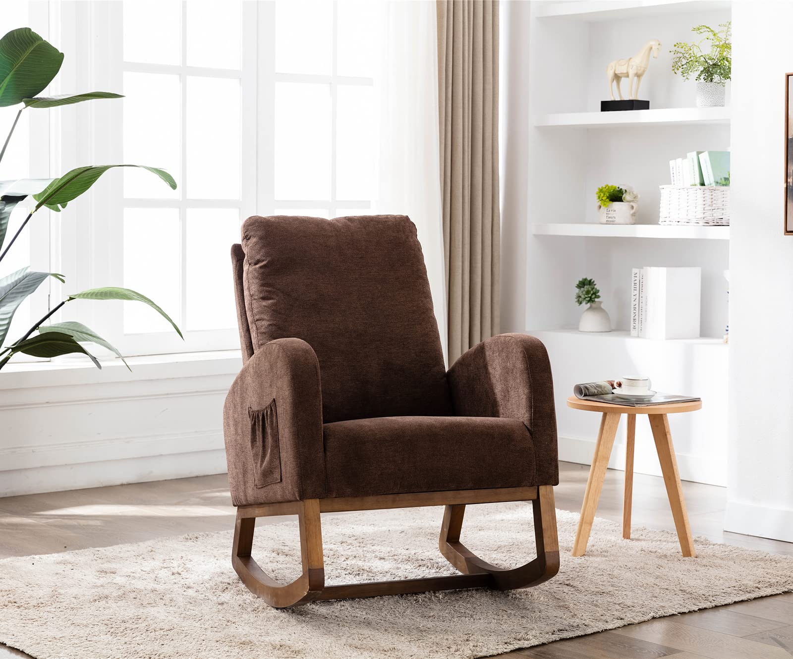 Antetek Modern Upholstered Rocking Chair - Nursery Glider Rocker for Baby & Kids, Comfortable High Back Armchair with Side Pocket - Perfect for Living Room, Nursery, or Bedroom (Coffee)