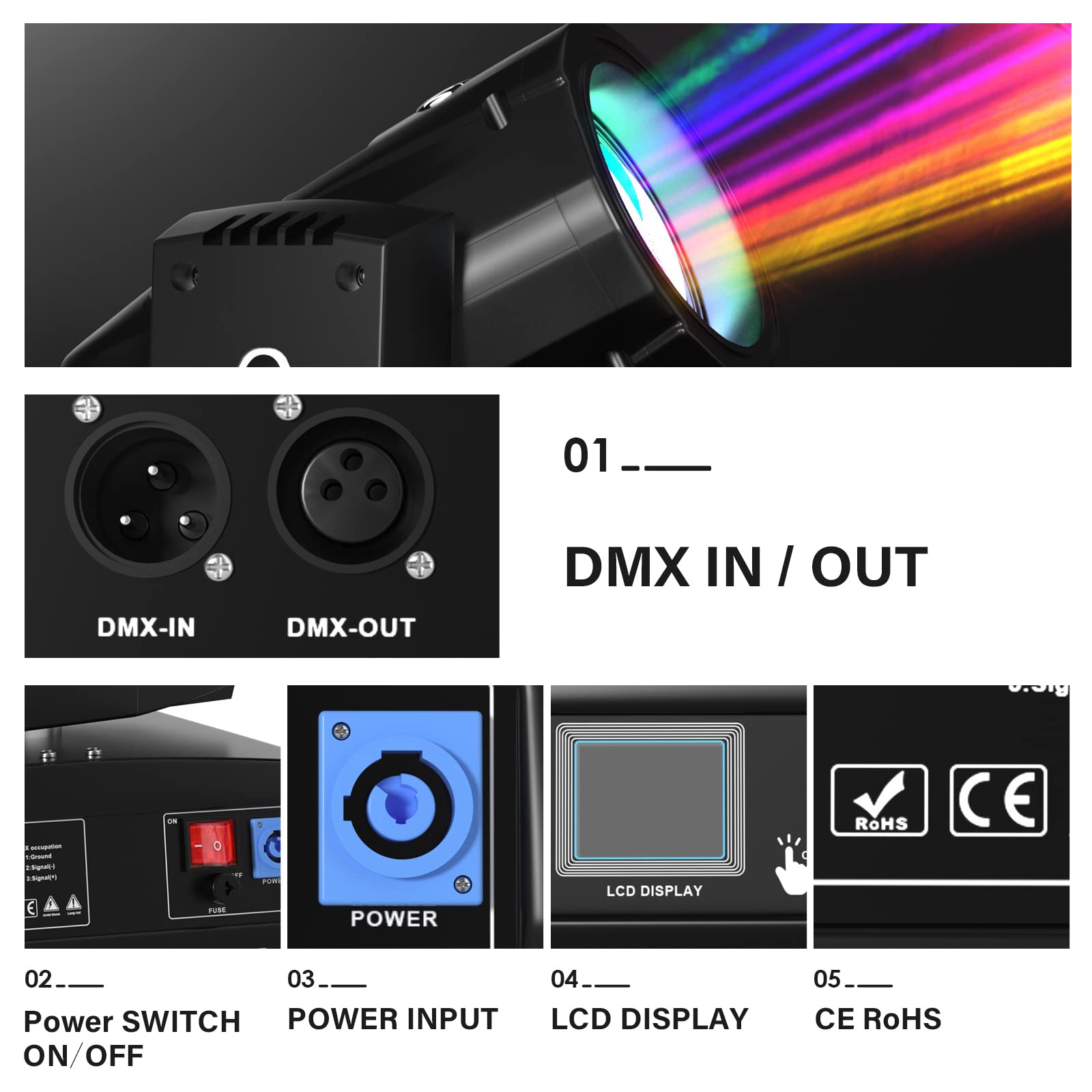 Topteng 230W DJ Stage Moving Head Beam Light with 7R Zoom, 8 Prism Strobe, DMX 16Ch - Professional Sharpy Spotlight for Party, Stage, and Event Lighting
