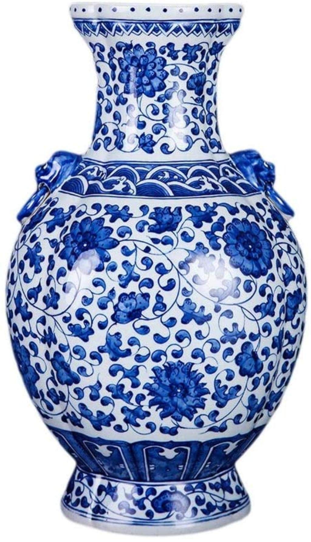 XIAOZHEN Handmade Ceramic Vase - Blue and White Double Lion Ear Design (36x23cm) for Desktop, Bedroom & Office Decor | Perfect for Home, Wedding & Gift Scenes
