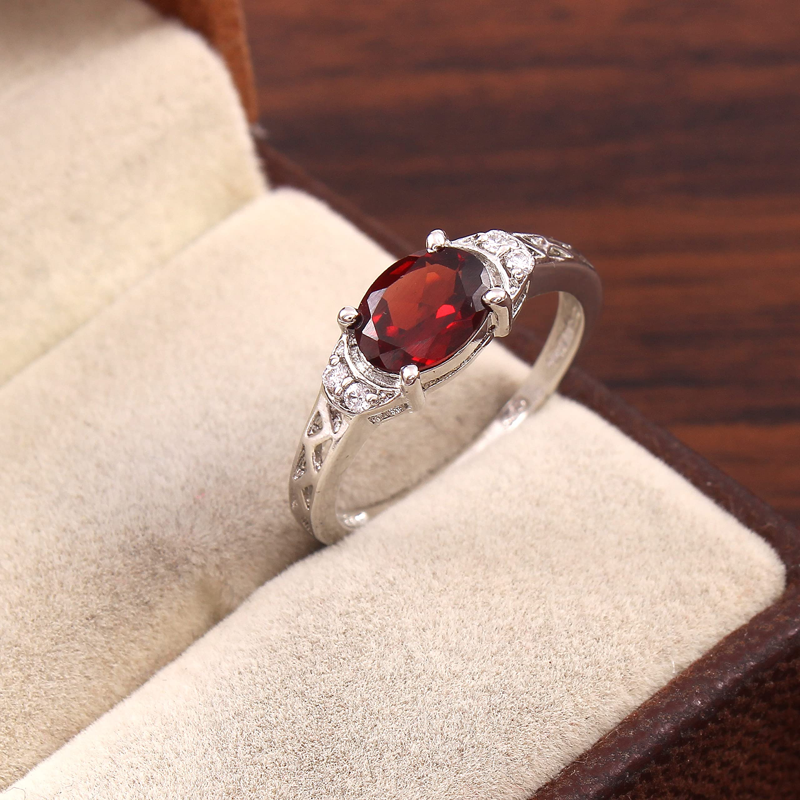 925 Sterling Silver Garnet Ring for Women - AAA Quality Natural Oval Faceted Gemstone | January Birthstone, Engagement Ring, Astrological Jewelry | Size 6 US (D-19) | Perfect for Weddings, Anniversaries & Everyday Elegance