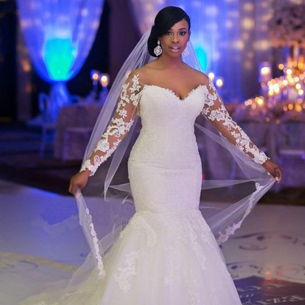 Elegant Off-The-Shoulder Long Sleeve Lace Mermaid Wedding Dress with Beaded Details - Perfect for Brides, Beach Weddings & Formal Ceremonies